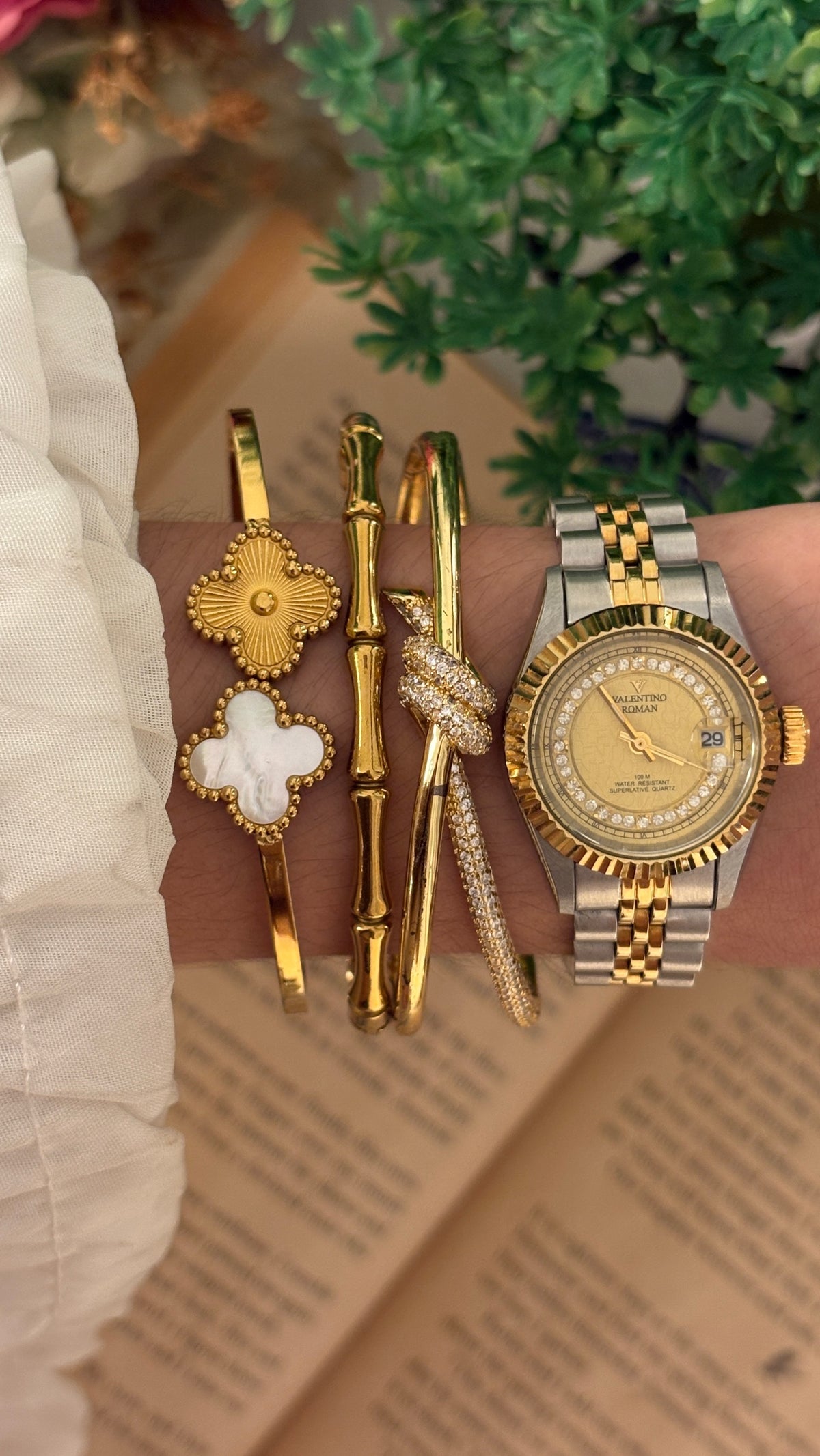 Rare Vintage Valentino Roman Rhinestone Date Window Fluted Bezel Watch in Two-Tone Quartz