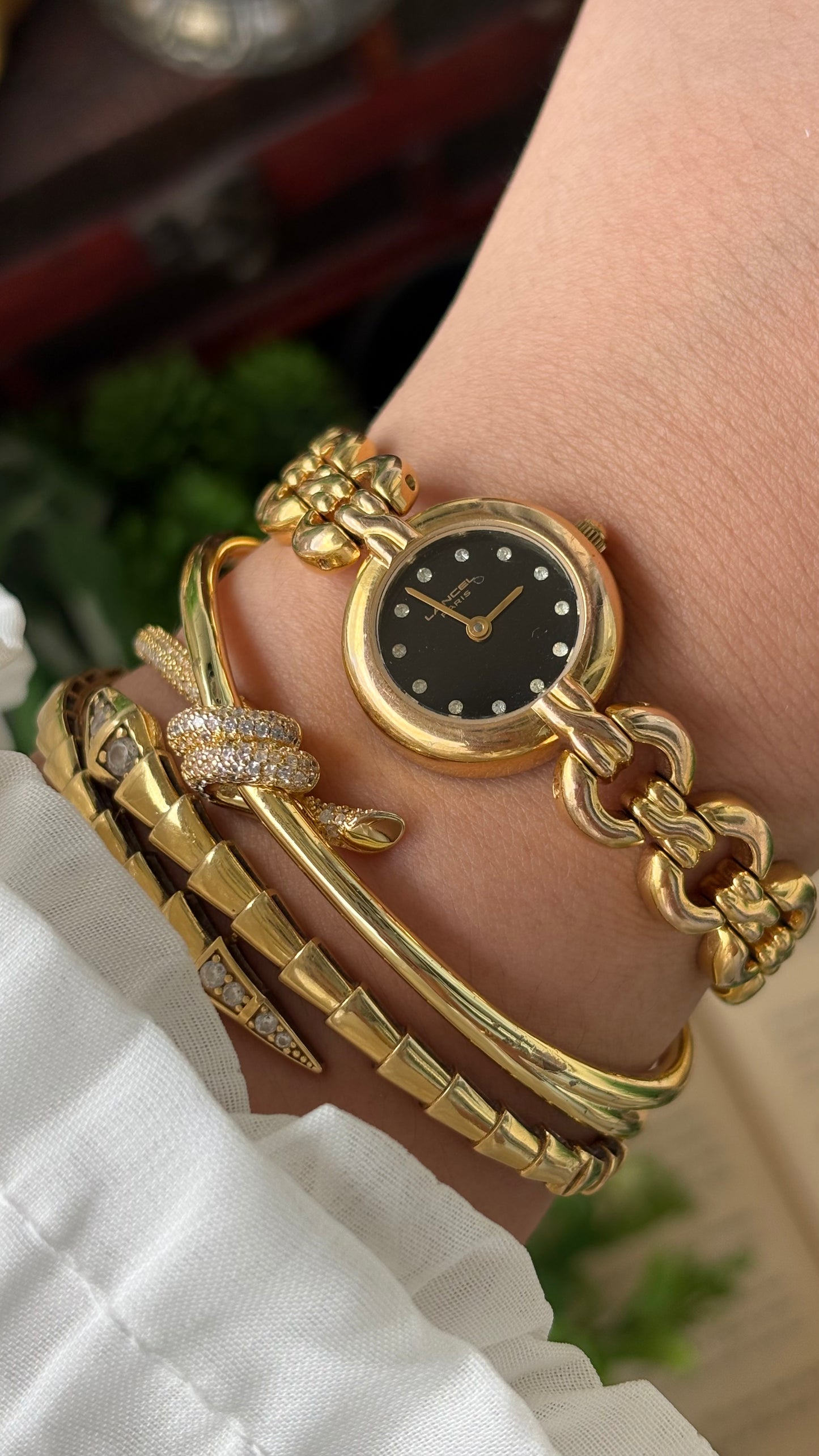 Extremely Rare Vintage Lancel Paris Swiss Chain Bracelet Watch in Gold Tone Rhinestone Black Dial Quartz