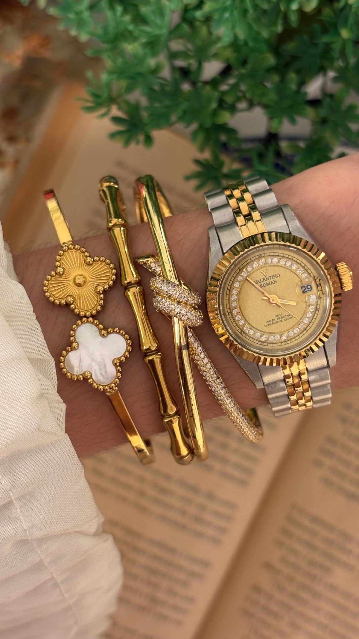 Rare Vintage Valentino Roman Rhinestone Date Window Fluted Bezel Watch in Two-Tone Quartz
