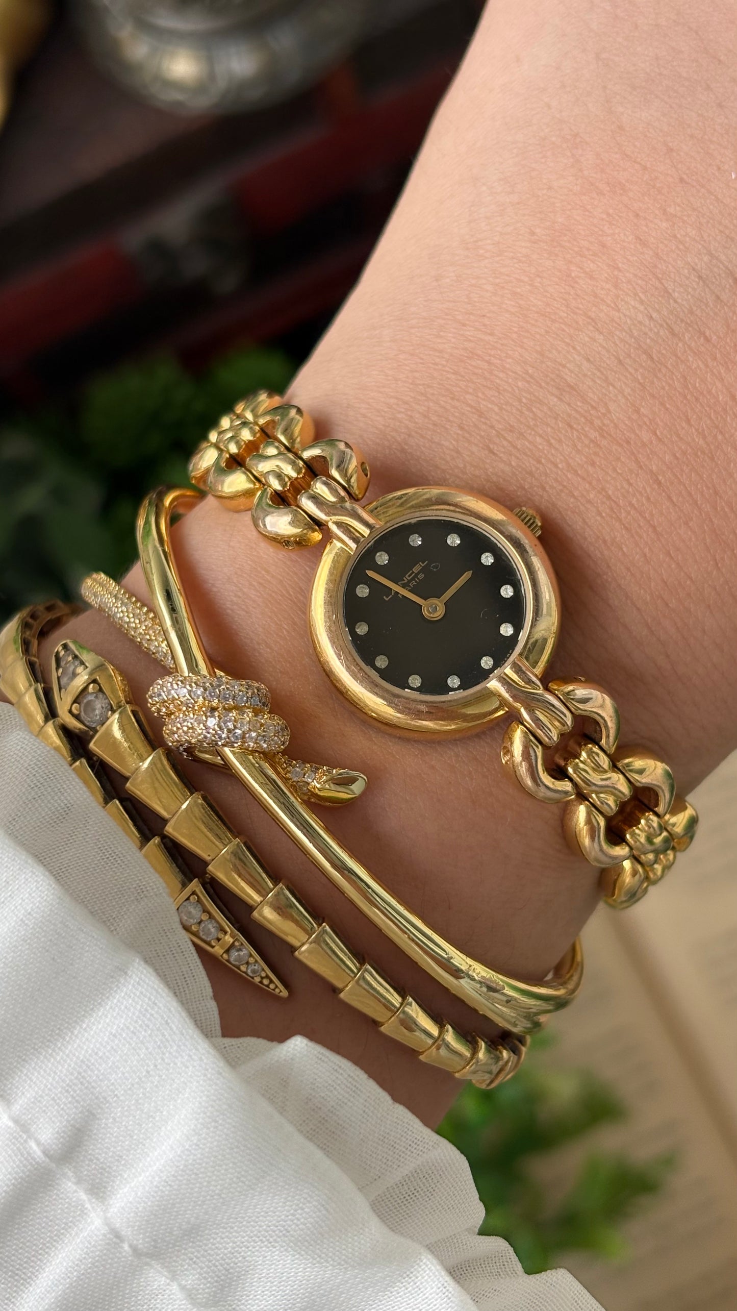 Extremely Rare Vintage Lancel Paris Swiss Chain Bracelet Watch in Gold Tone Rhinestone Black Dial Quartz