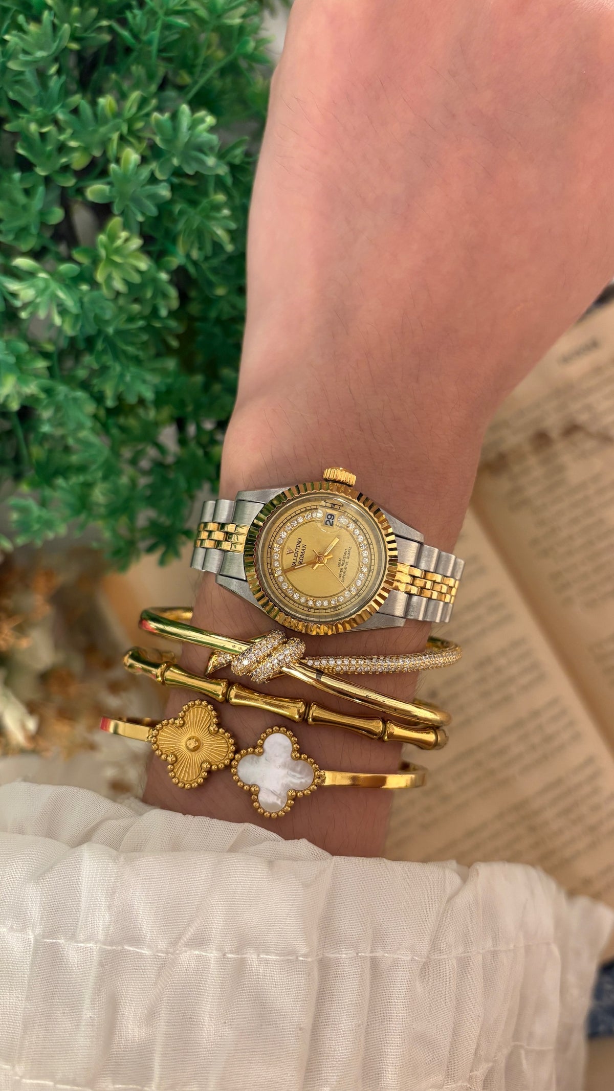 Rare Vintage Valentino Roman Rhinestone Date Window Fluted Bezel Watch in Two-Tone Quartz