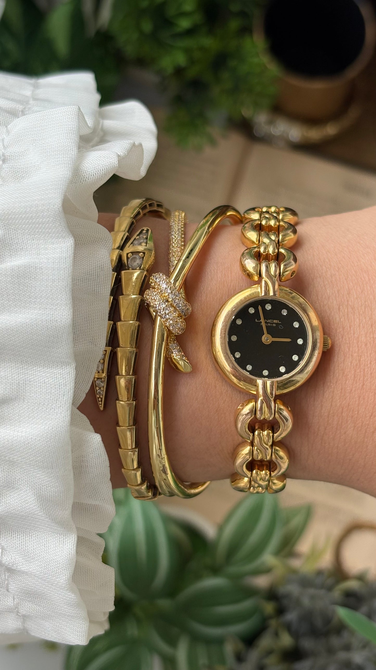 Extremely Rare Vintage Lancel Paris Swiss Chain Bracelet Watch in Gold Tone Rhinestone Black Dial Quartz