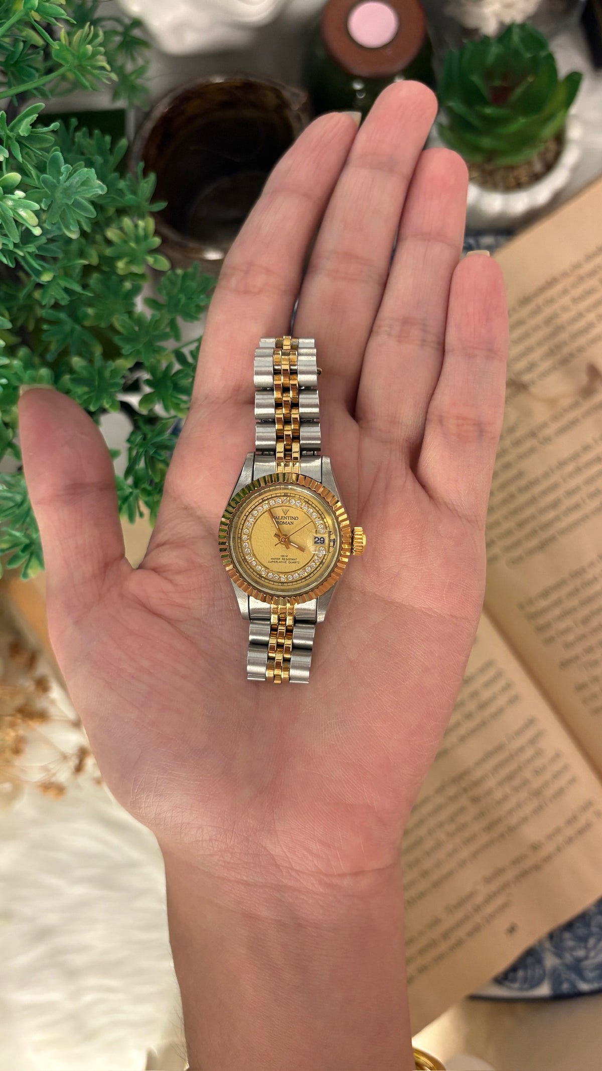 Rare Vintage Valentino Roman Rhinestone Date Window Fluted Bezel Watch in Two-Tone Quartz