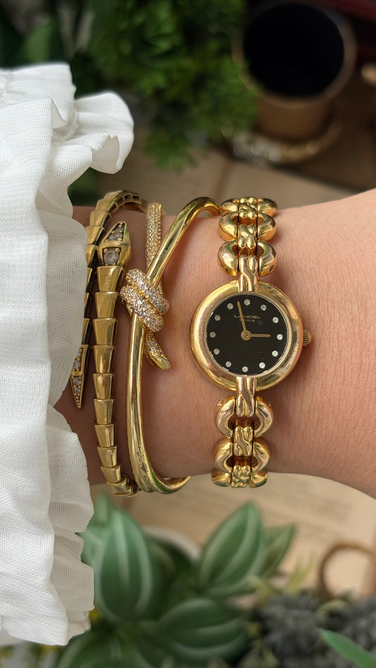 Extremely Rare Vintage Lancel Paris Swiss Chain Bracelet Watch in Gold Tone Rhinestone Black Dial Quartz