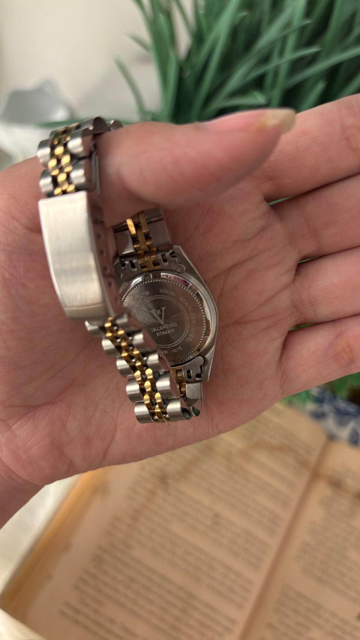 Rare Vintage Valentino Roman Rhinestone Date Window Fluted Bezel Watch in Two-Tone Quartz