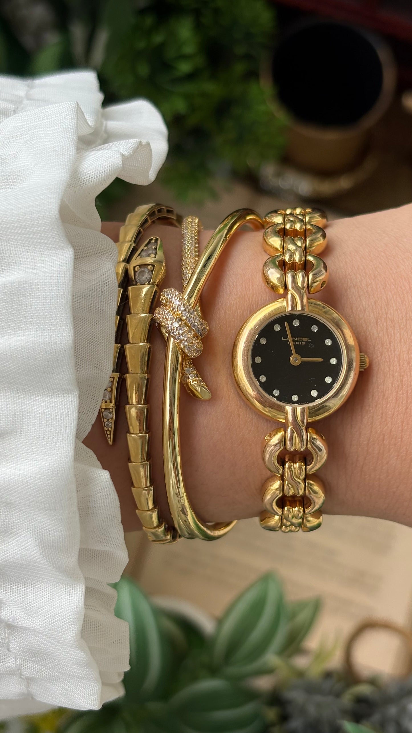 Extremely Rare Vintage Lancel Paris Swiss Chain Bracelet Watch in Gold Tone Rhinestone Black Dial Quartz