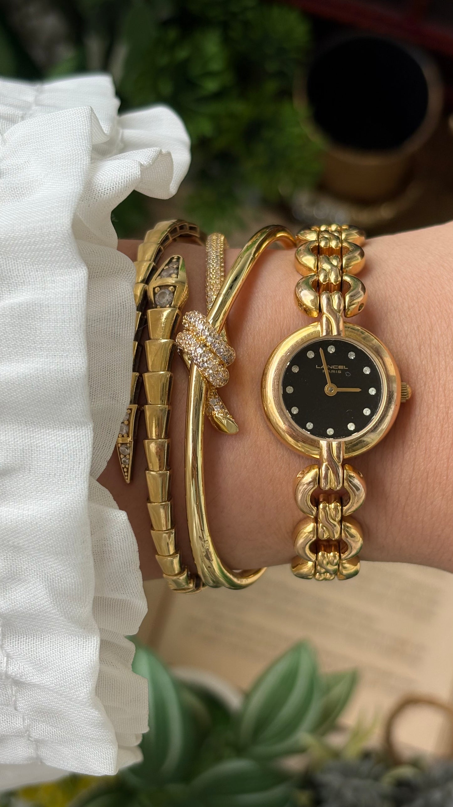 Extremely Rare Vintage Lancel Paris Swiss Chain Bracelet Watch in Gold Tone Rhinestone Black Dial Quartz