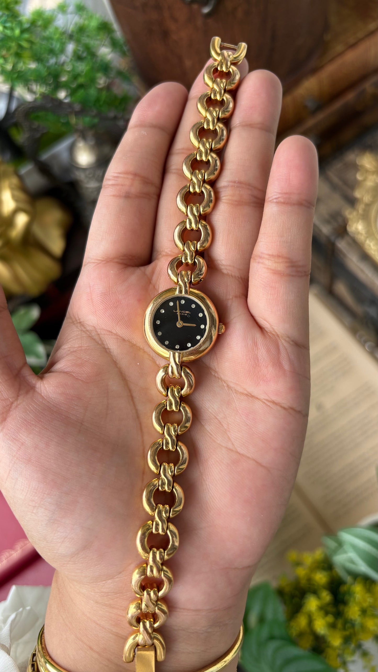 Extremely Rare Vintage Lancel Paris Swiss Chain Bracelet Watch in Gold Tone Rhinestone Black Dial Quartz