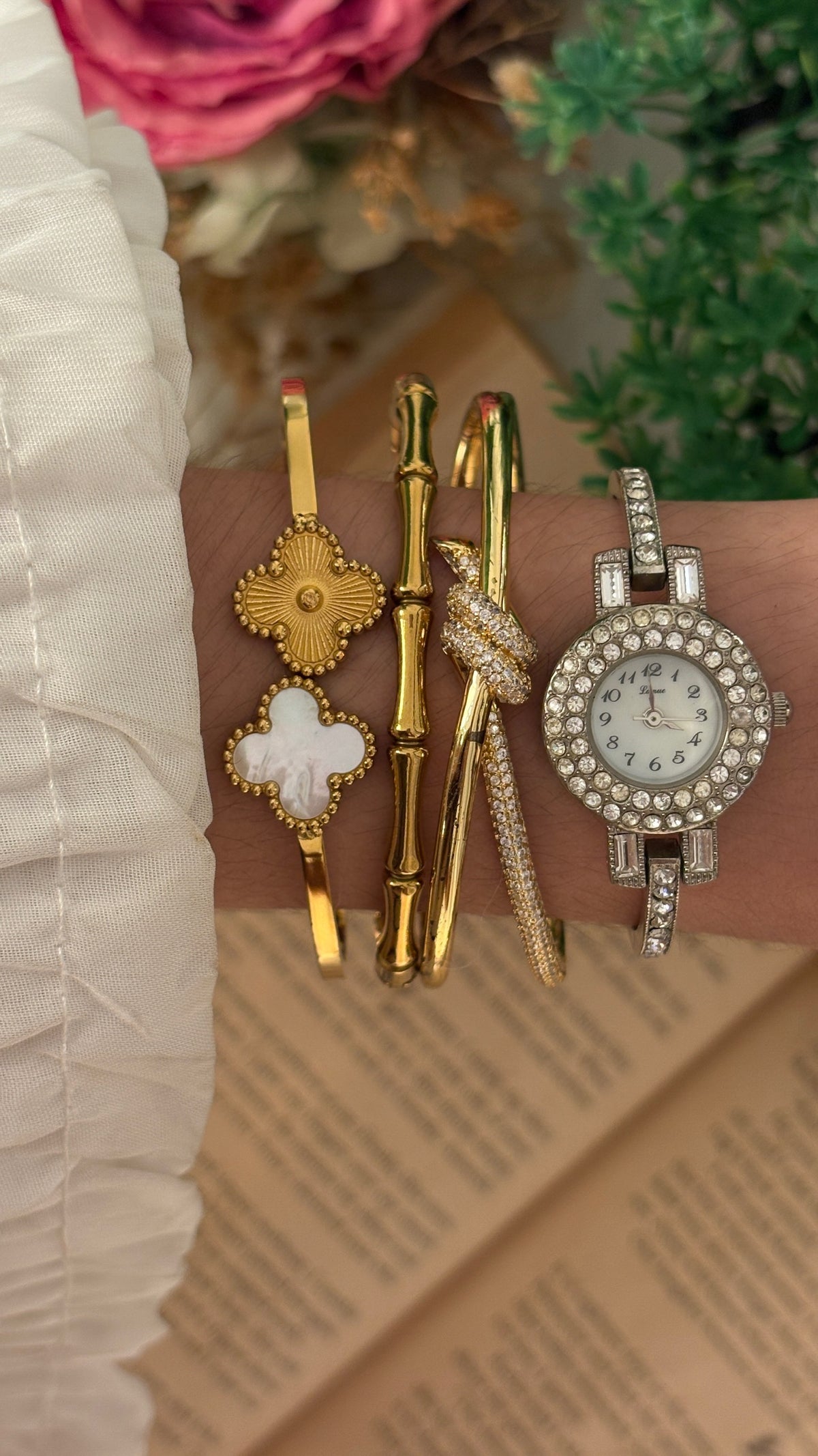 Rare Vintage Lamue Bejeweled Mother of Pearl Dial Bangle Watch in Silver Tone Quartz