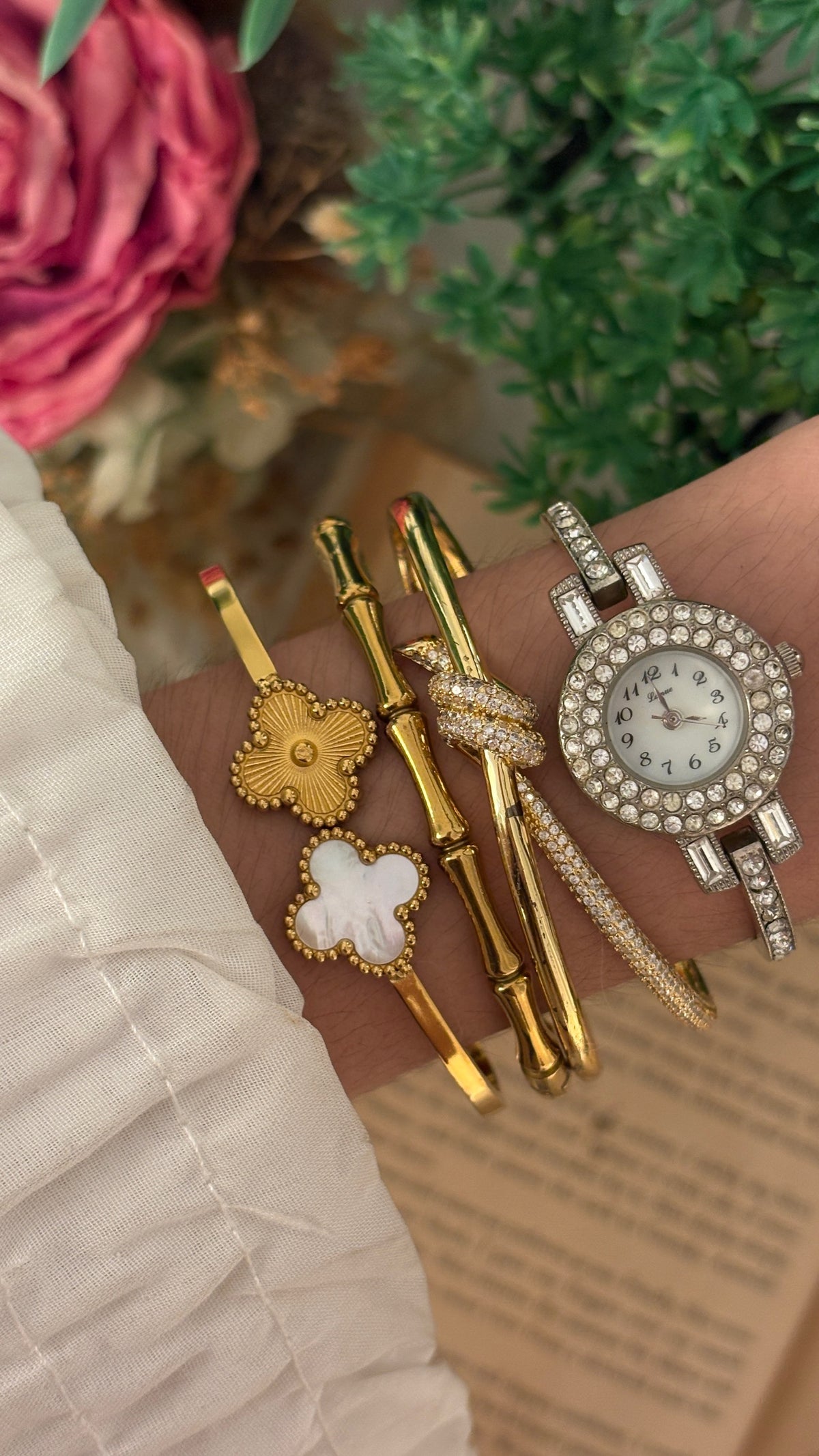 Rare Vintage Lamue Bejeweled Mother of Pearl Dial Bangle Watch in Silver Tone Quartz