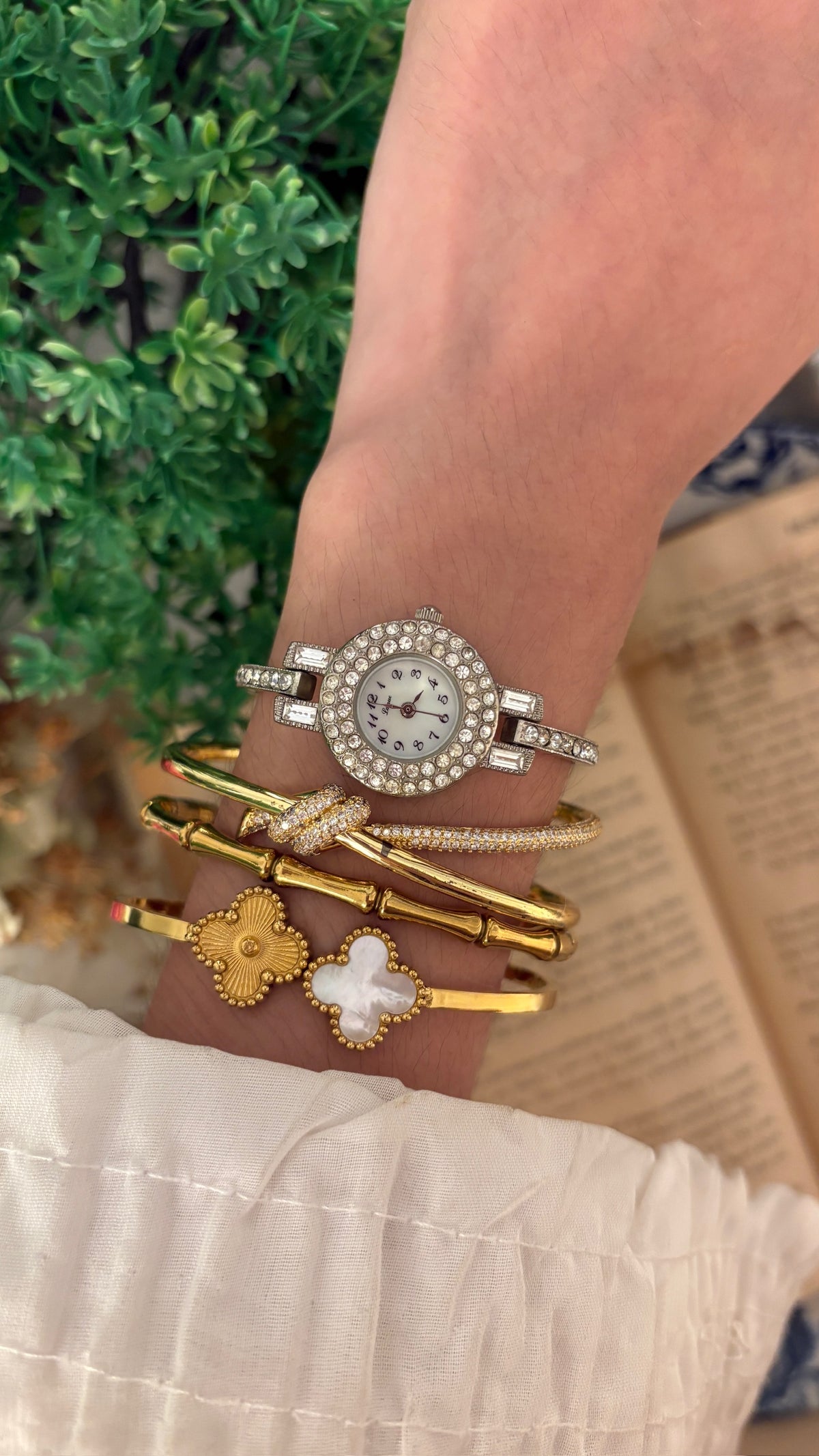 Rare Vintage Lamue Bejeweled Mother of Pearl Dial Bangle Watch in Silver Tone Quartz