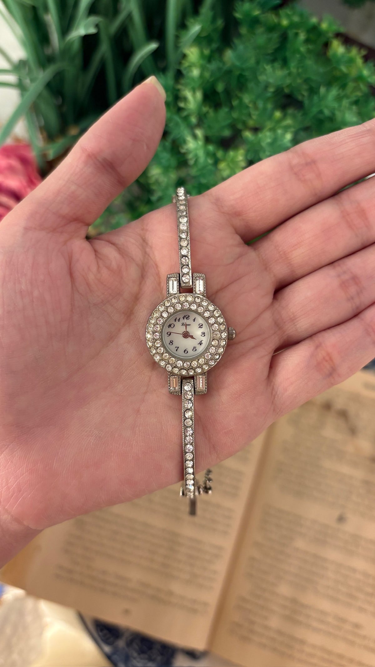 Rare Vintage Lamue Bejeweled Mother of Pearl Dial Bangle Watch in Silver Tone Quartz