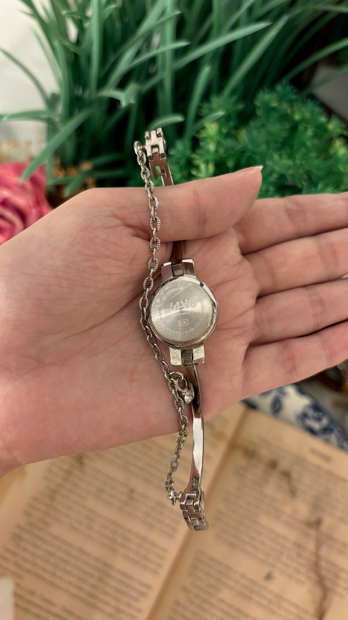 Rare Vintage Lamue Bejeweled Mother of Pearl Dial Bangle Watch in Silver Tone Quartz