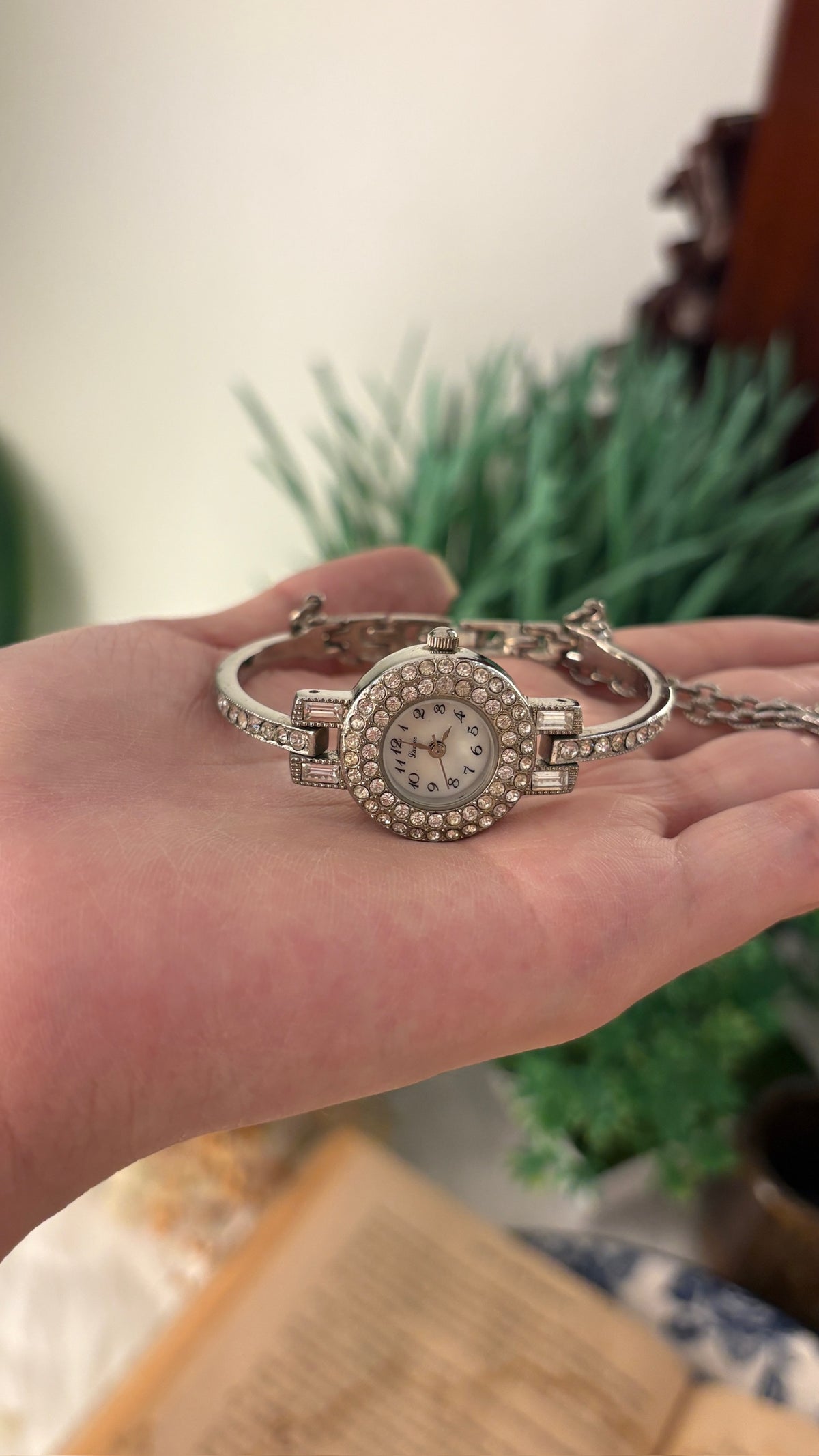 Rare Vintage Lamue Bejeweled Mother of Pearl Dial Bangle Watch in Silver Tone Quartz