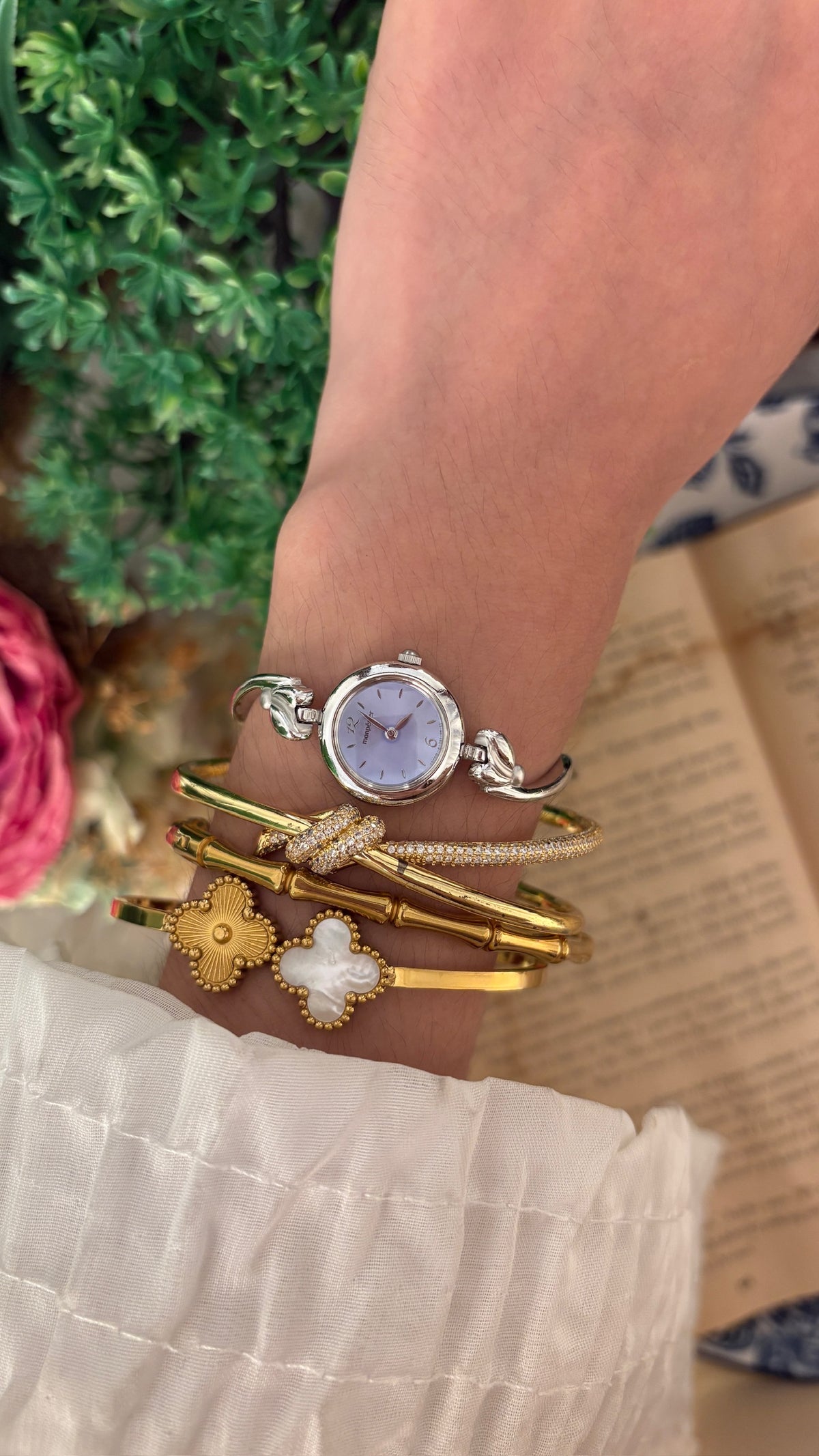 Rare Vintage Elegant Mon Perier Semi Bangle Purple Dial Watch in Silver Tone Quartz