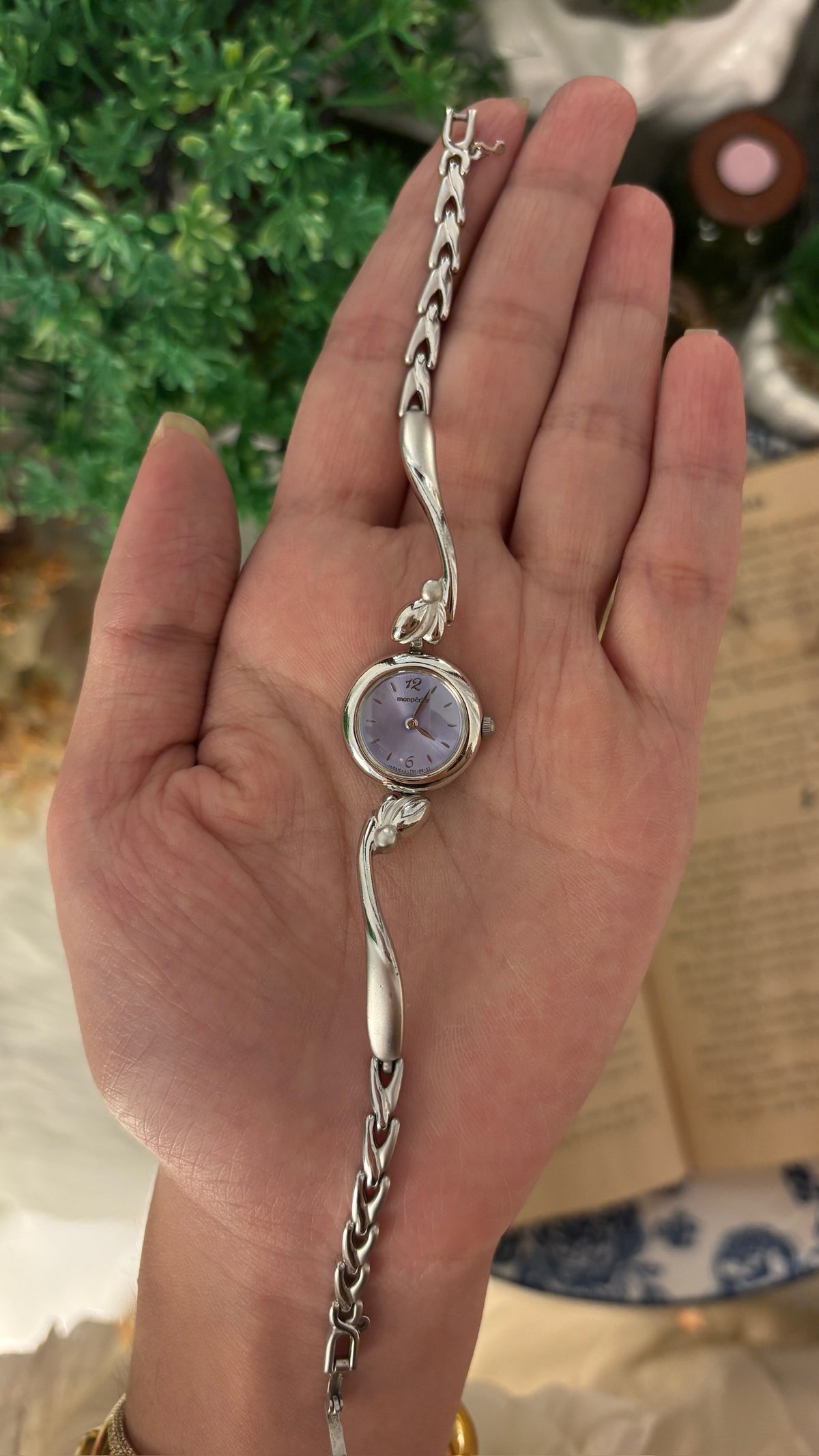 Rare Vintage Elegant Mon Perier Semi Bangle Purple Dial Watch in Silver Tone Quartz