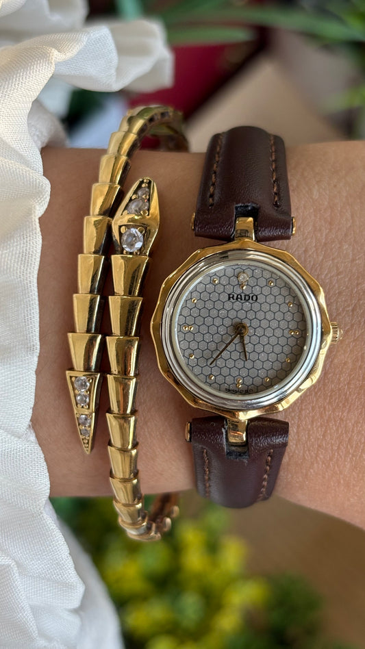 Vintage RADO Watch in Brown Leather Strap Honeycomb Dial Flower Style Face