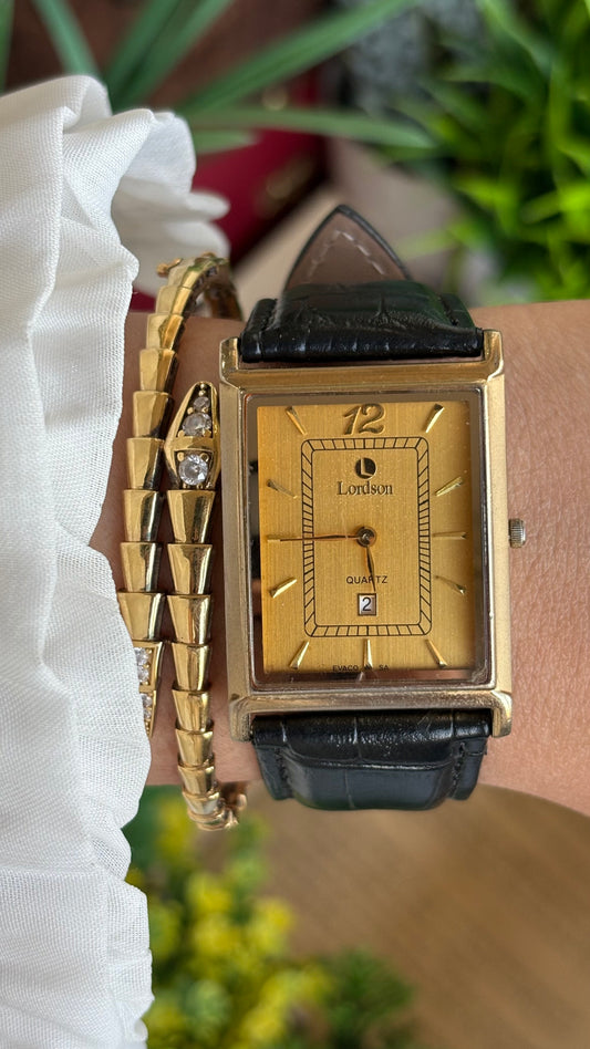 Vintage Lordson Men’s Tank Dress Watch in Black Leather Strap Sapphire Crystal with Date Just