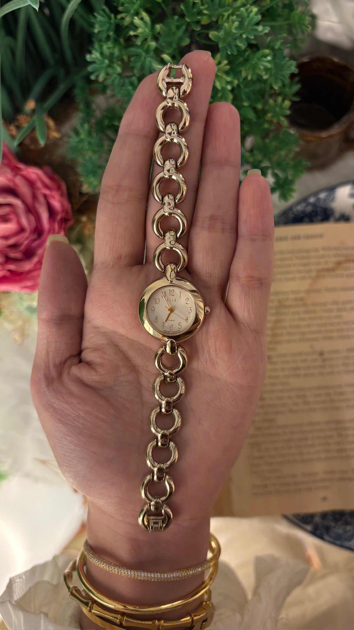 Rare Vintage Elle Paris Bracelet Watch in Gold Tone Quartz