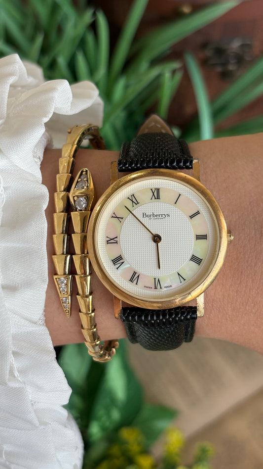 Vintage Burberrys Dress Watch in Leather Strap Pearl Roman Dial