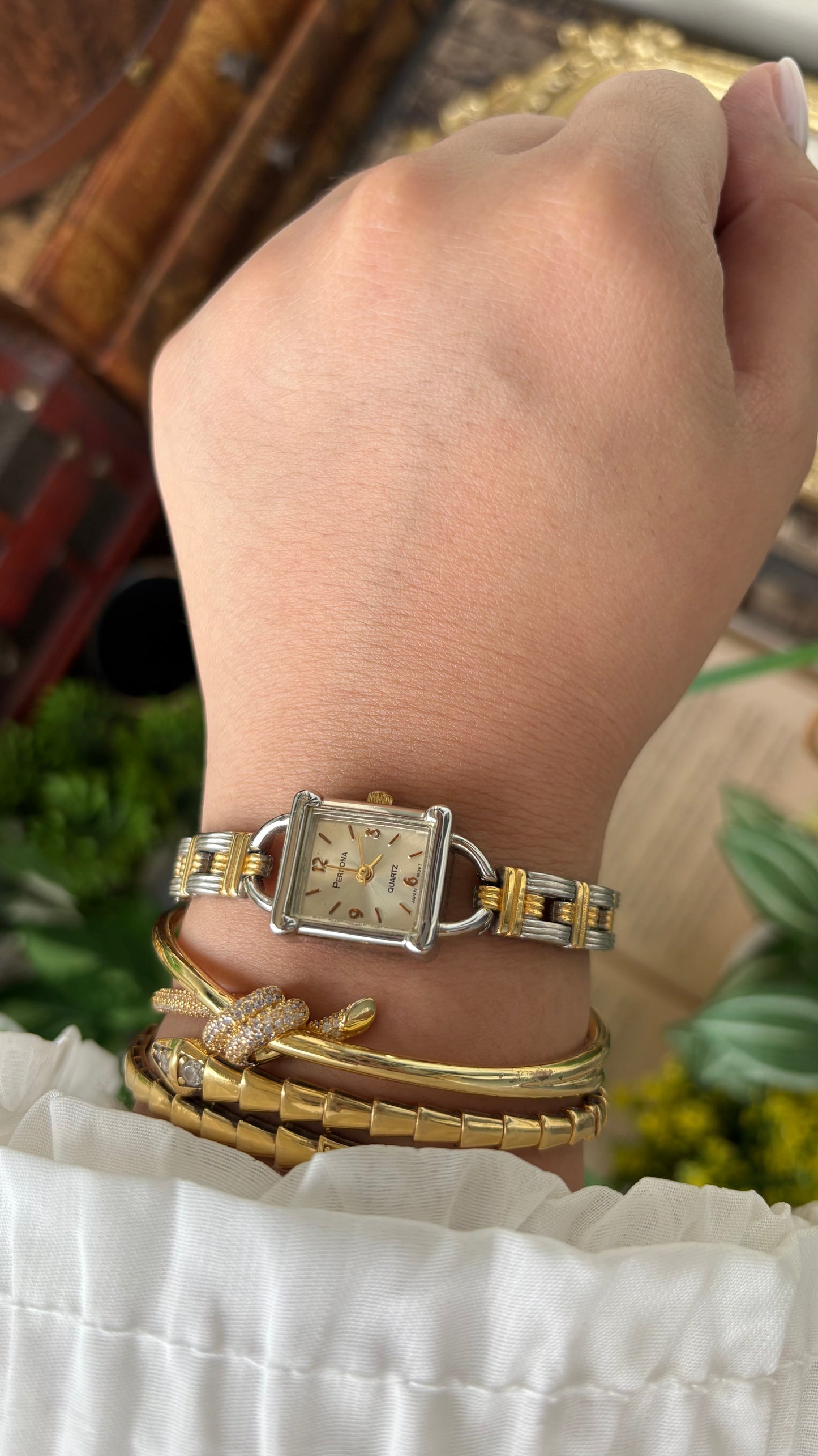 Vintage Persona Dainty Rare Chain Watch in Two-Tone Quartz Lock Style