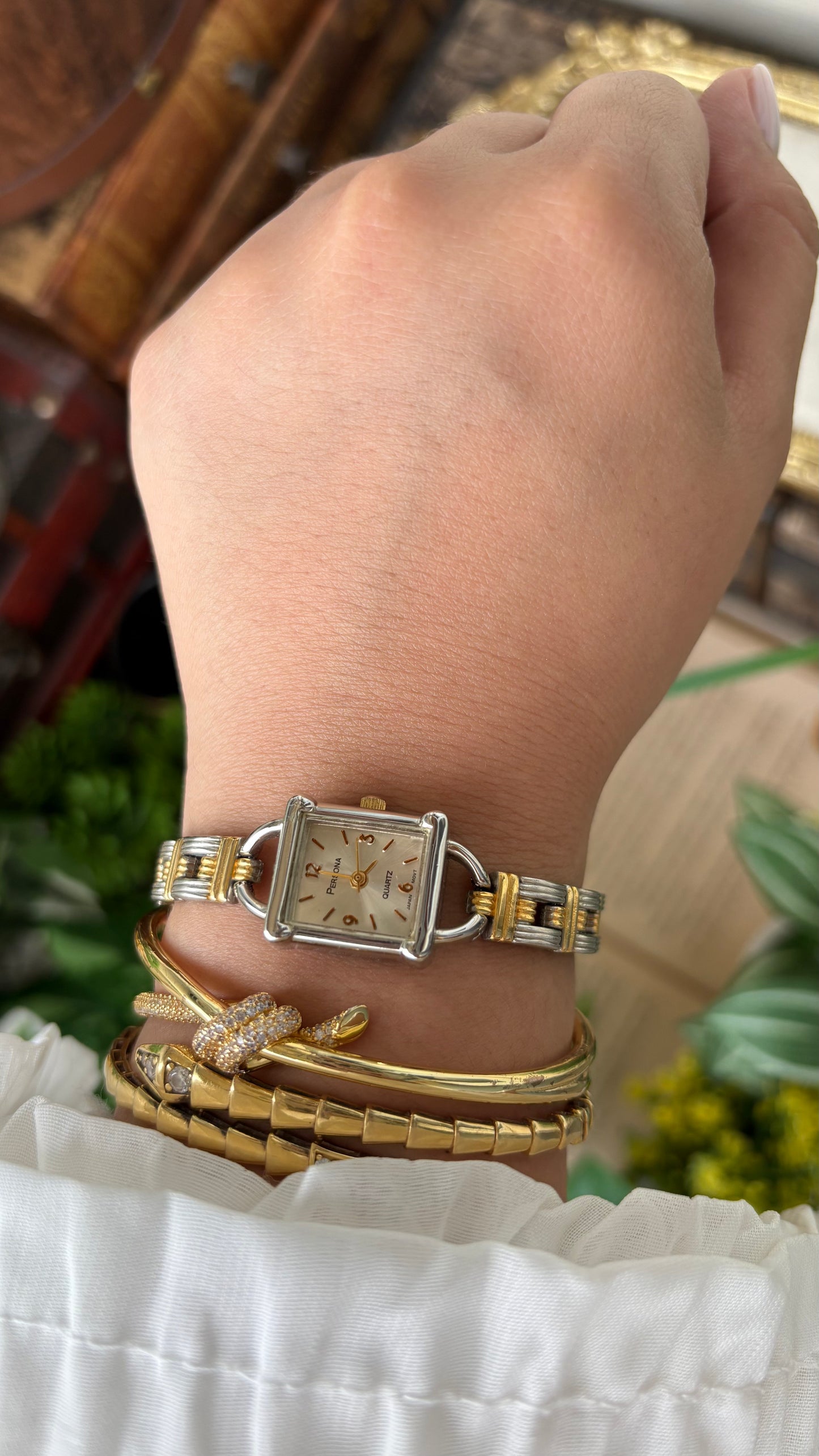Vintage Persona Dainty Rare Chain Watch in Two-Tone Quartz Lock Style