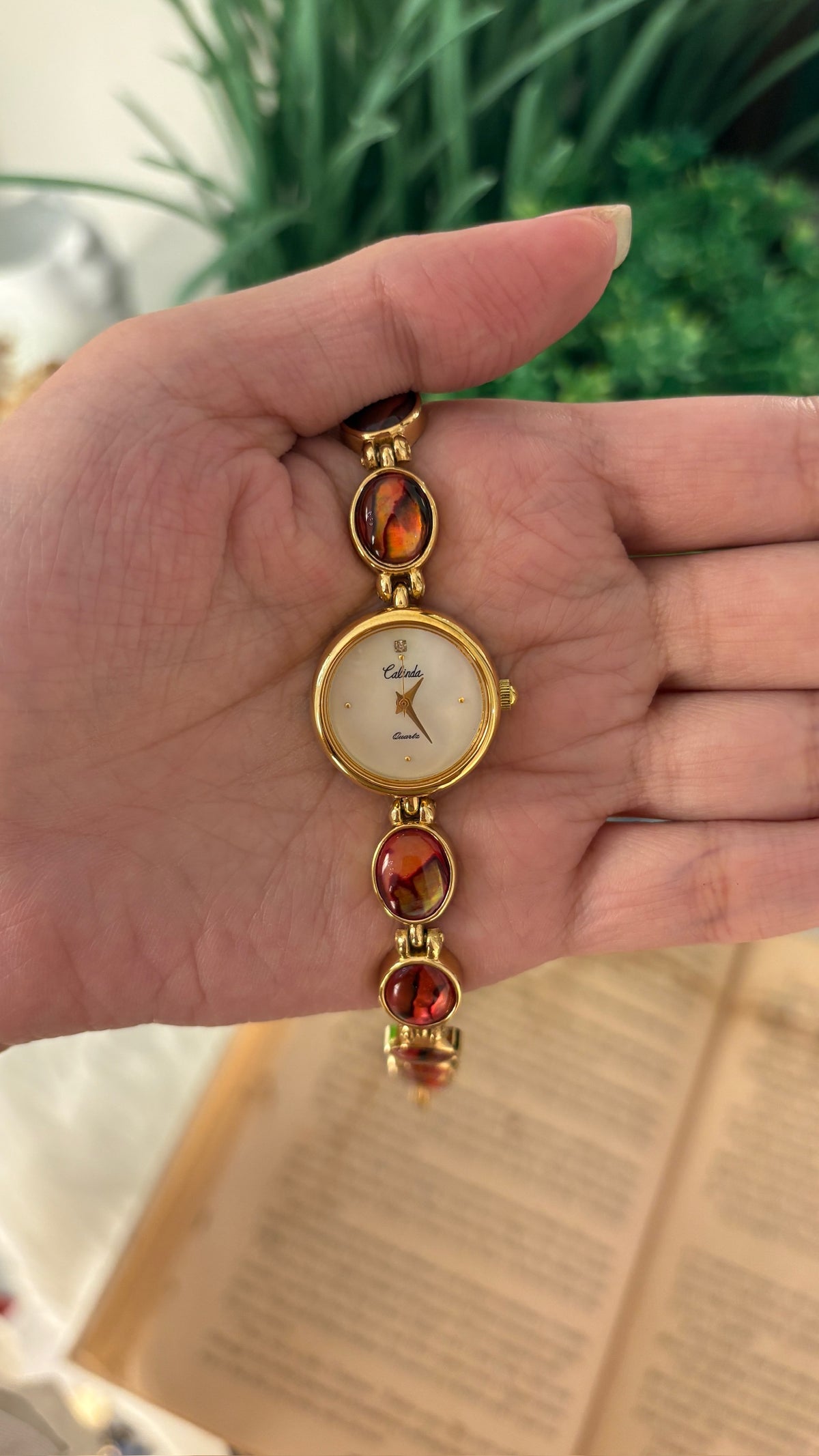 Rare Vintage Calinda Stone Accent Bracelet Watch in Gold Tone Quartz