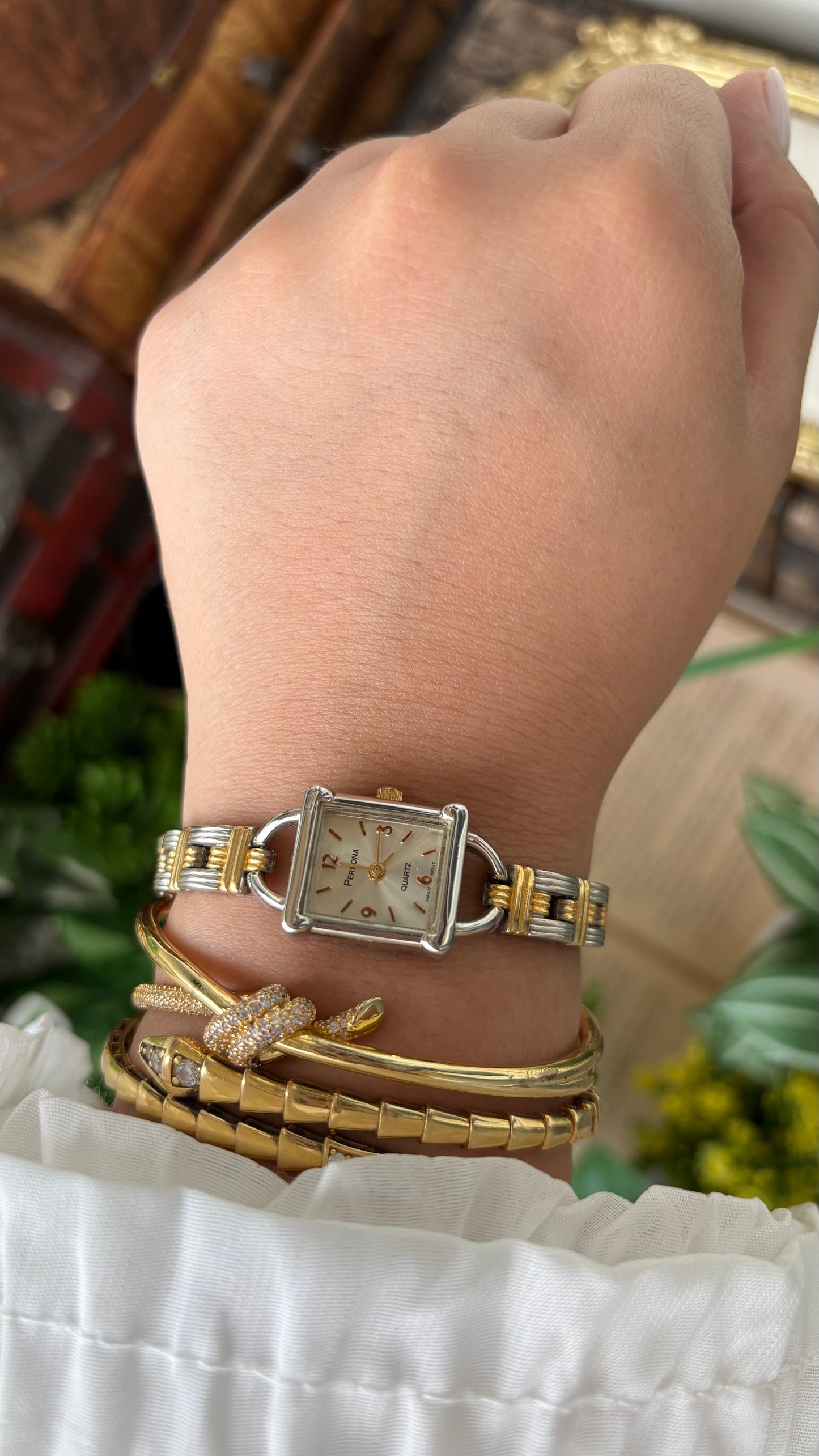Vintage Persona Dainty Rare Chain Watch in Two-Tone Quartz Lock Style