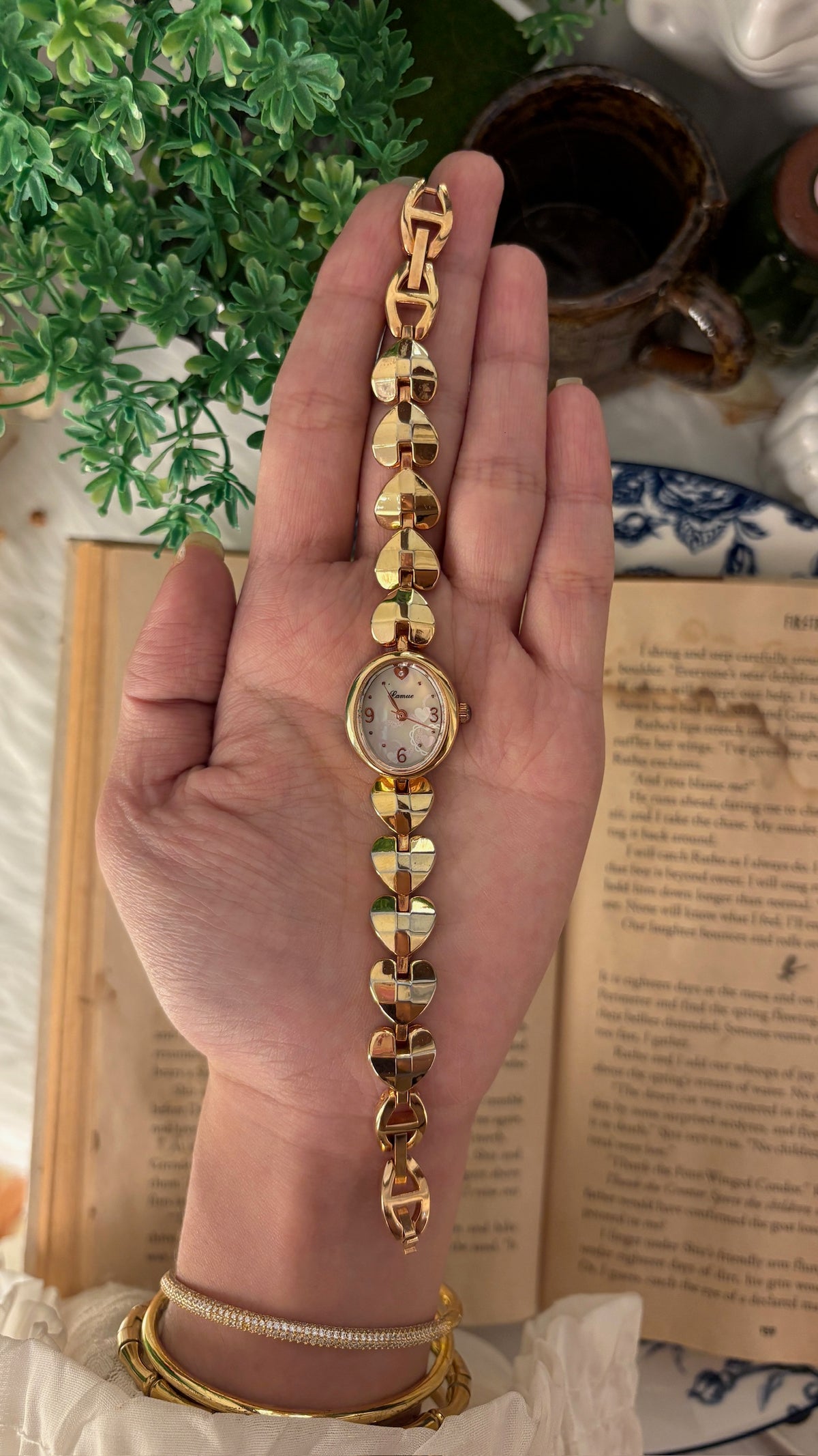 Rare Vintage Lamue Heart Motif Art Deco Watch in Rose Gold Tone Quartz