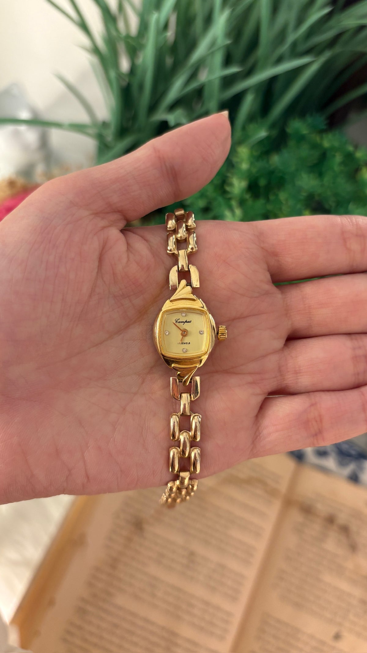 Dainty Vintage Campus Mini Tank Bracelet Watch in Gold Tone Quartz