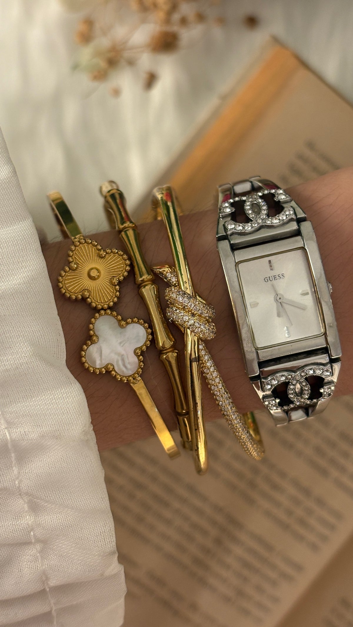 Rare Vintage Guess Rhinestone Logo Accent Semi Bangle Watch in Silver Tone Quartz