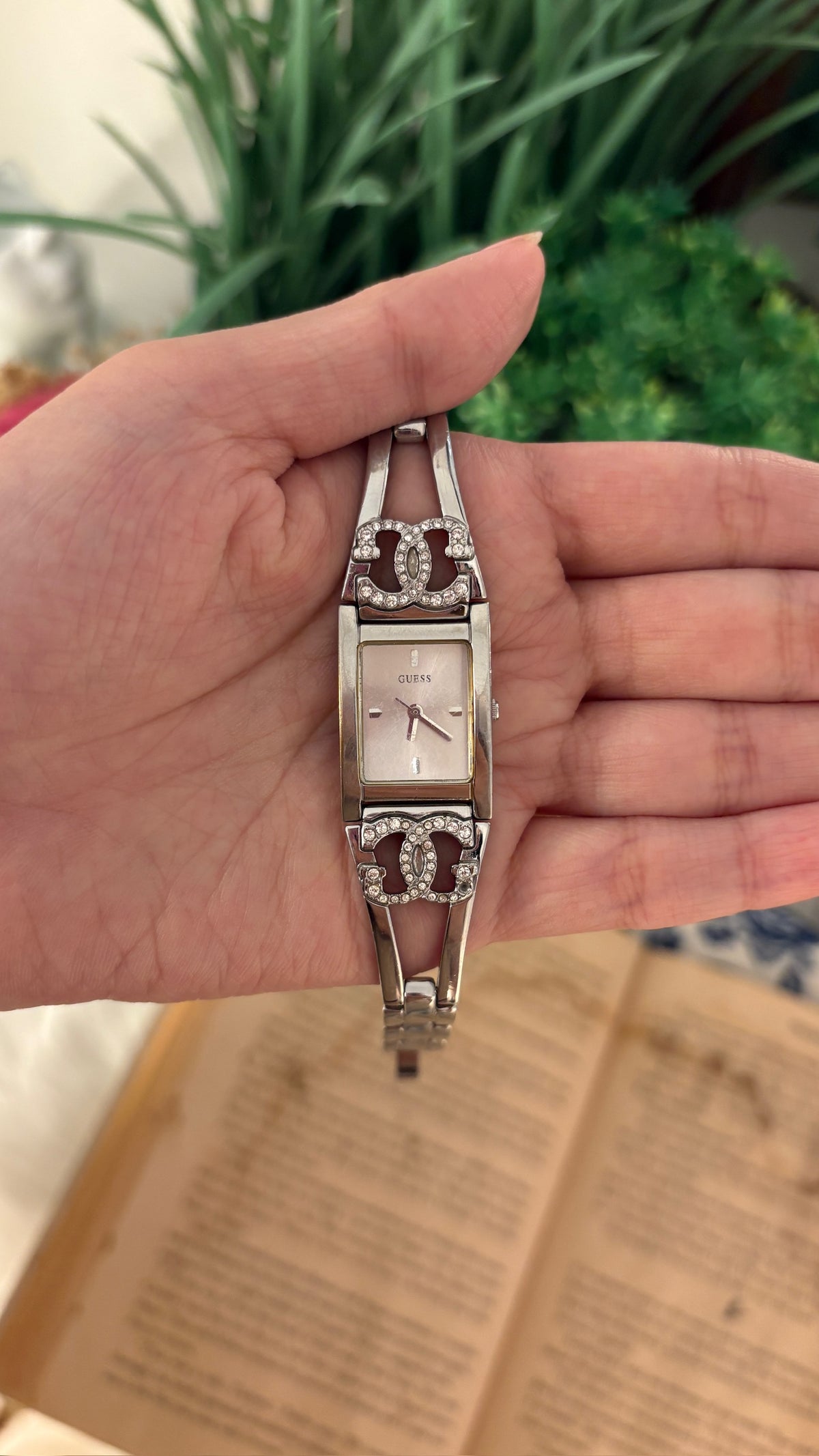 Rare Vintage Guess Rhinestone Logo Accent Semi Bangle Watch in Silver Tone Quartz