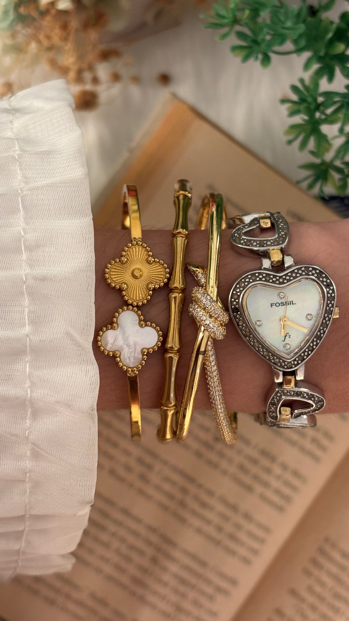 Rare Vintage Fossil Mother of Pearl Dial Heart Watch in Two-Tone Quartz