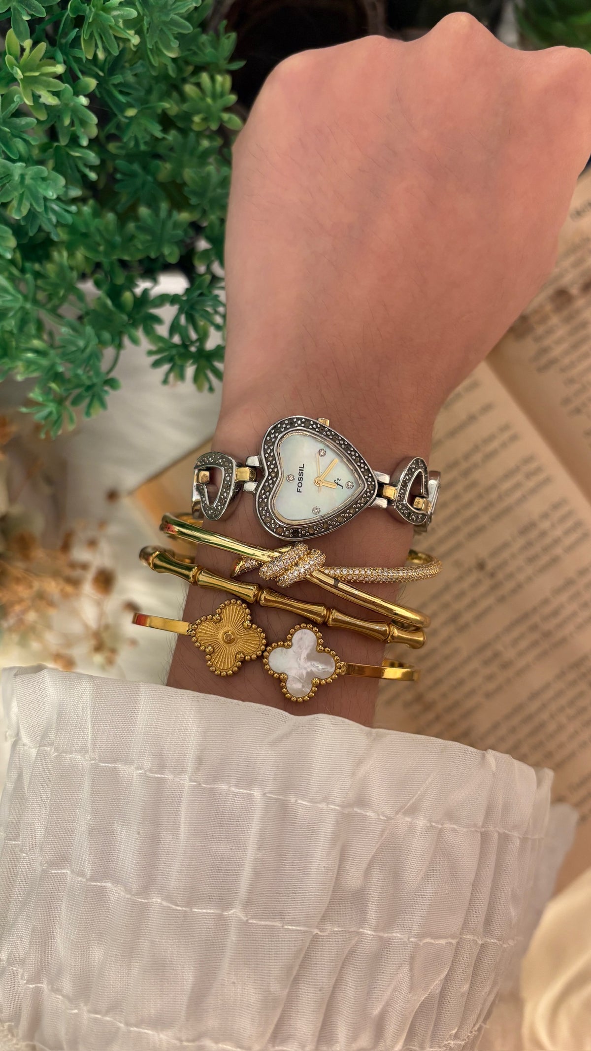Rare Vintage Fossil Mother of Pearl Dial Heart Watch in Two-Tone Quartz
