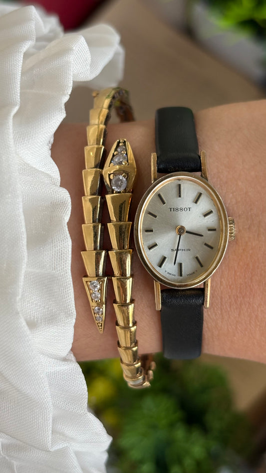 Vintage Tissot Watch in Leather Strap Dainty Oval Face Sapphire Glass