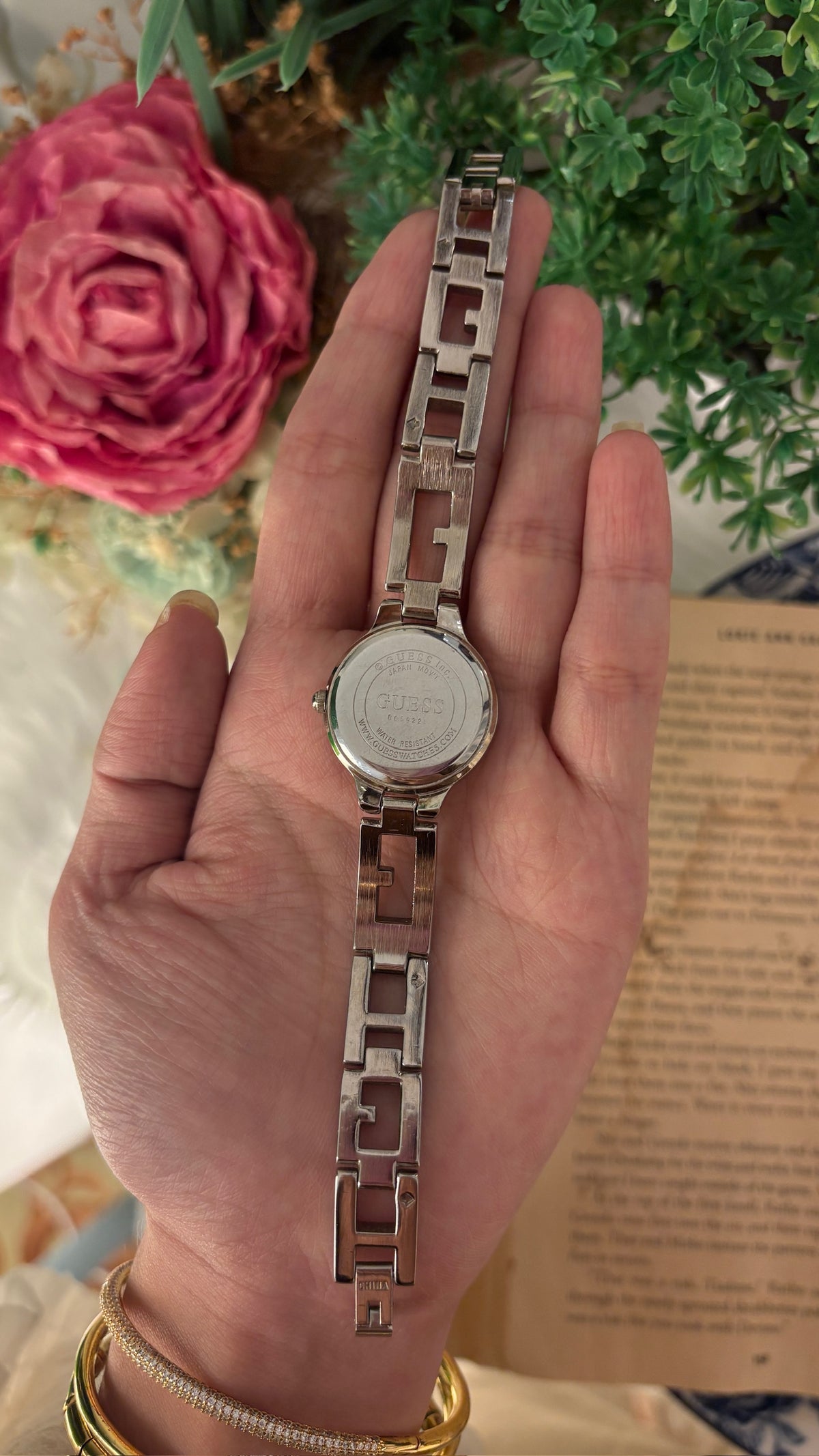 Vintage Guess Blackout Dial Logo Bracelet Watch in Silver Tone Quartz