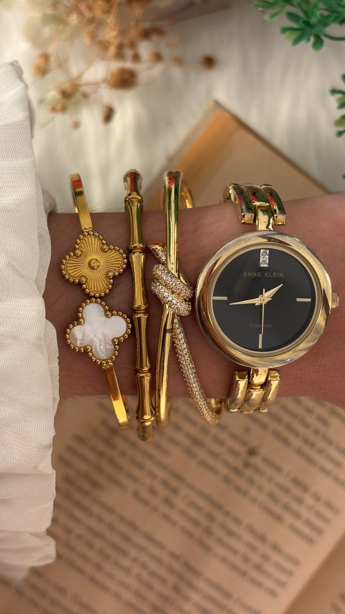 Rare Vintage Anne Klein Black Dial Rhinestone Accent Bracelet Watch in Gold Tone Quartz