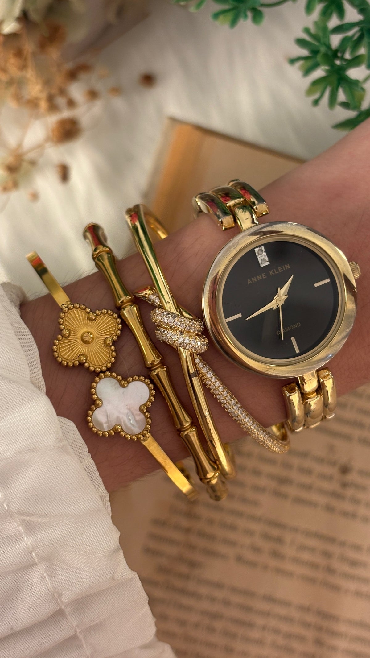 Rare Vintage Anne Klein Black Dial Rhinestone Accent Bracelet Watch in Gold Tone Quartz