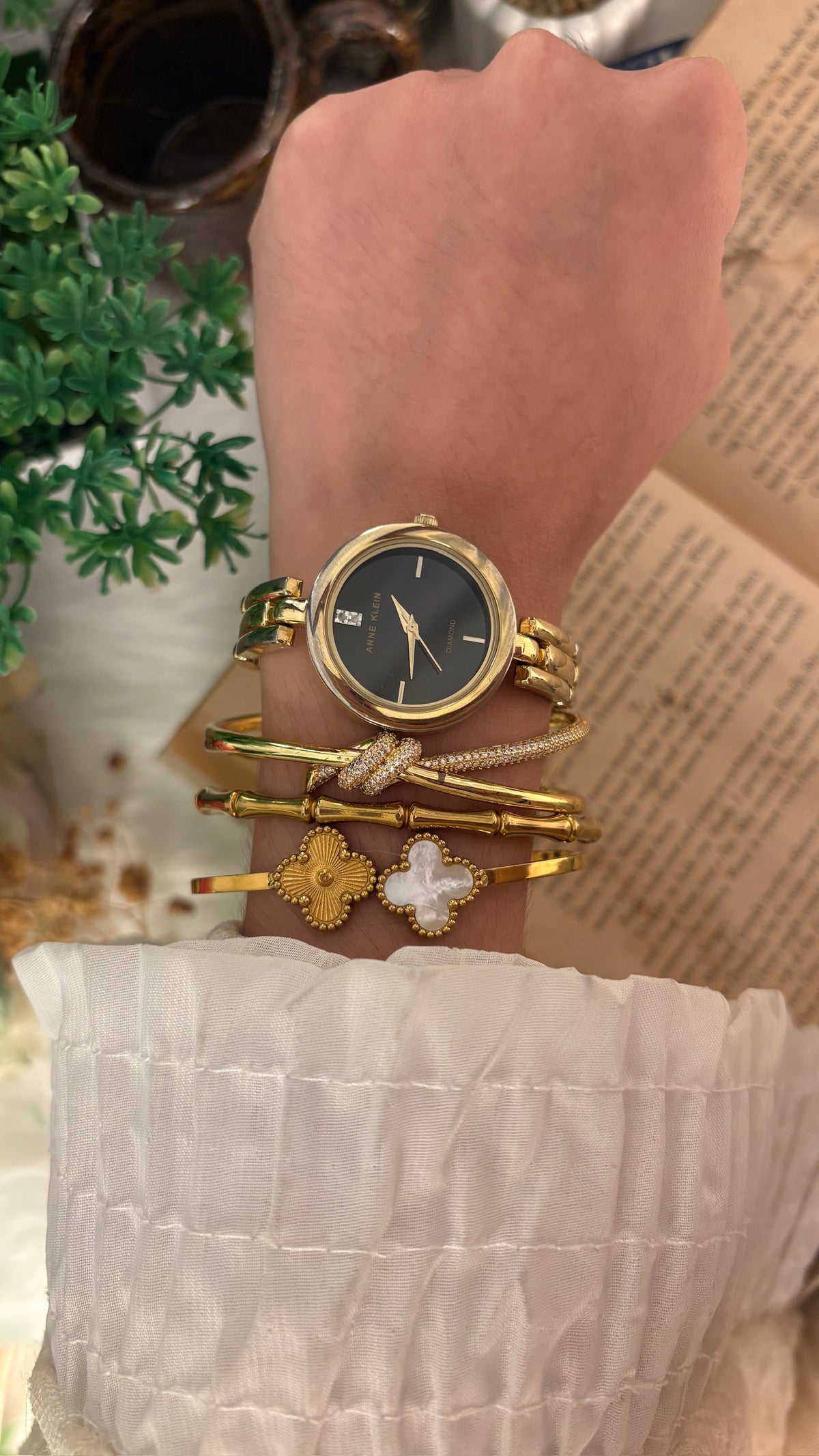 Rare Vintage Anne Klein Black Dial Rhinestone Accent Bracelet Watch in Gold Tone Quartz