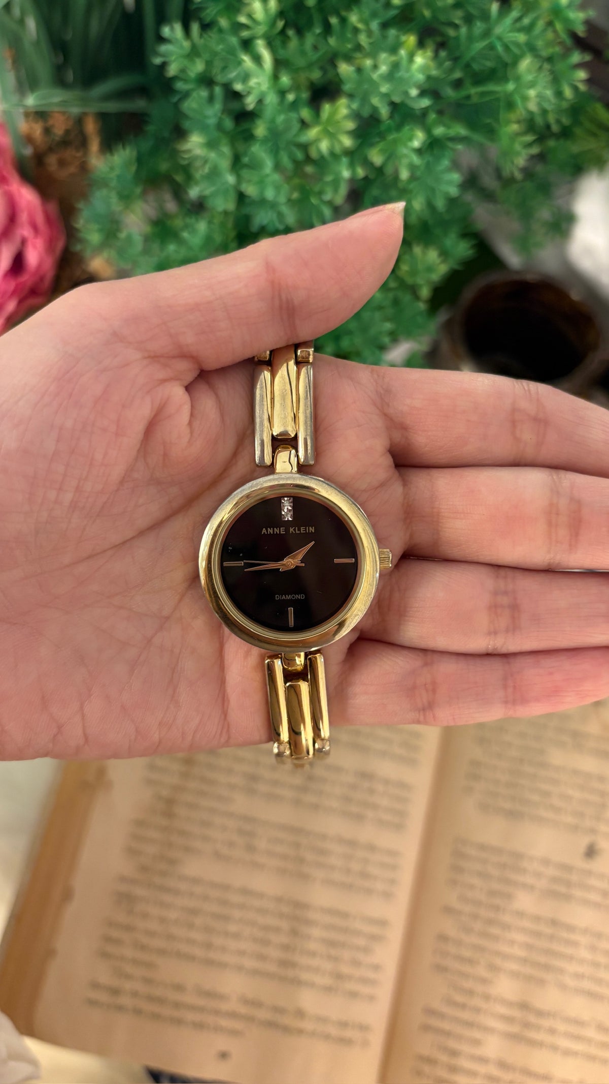 Rare Vintage Anne Klein Black Dial Rhinestone Accent Bracelet Watch in Gold Tone Quartz