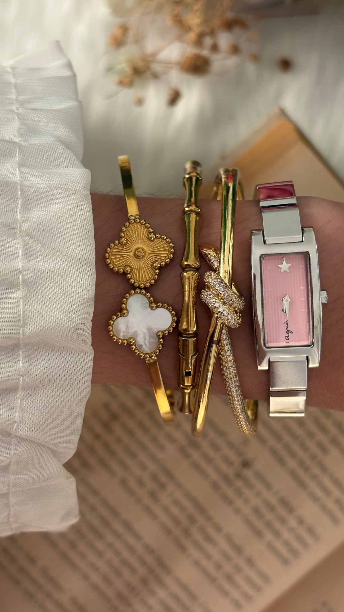 Rare Vintage Agnes B. Pink Dial Tank Watch in Silver Tone Quartz
