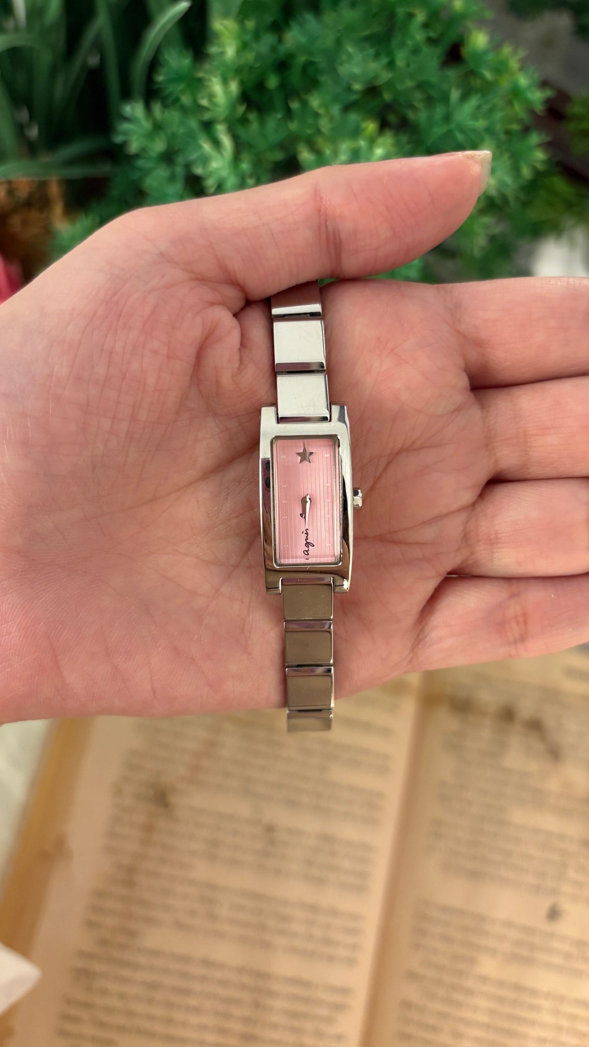 Rare Vintage Agnes B. Pink Dial Tank Watch in Silver Tone Quartz