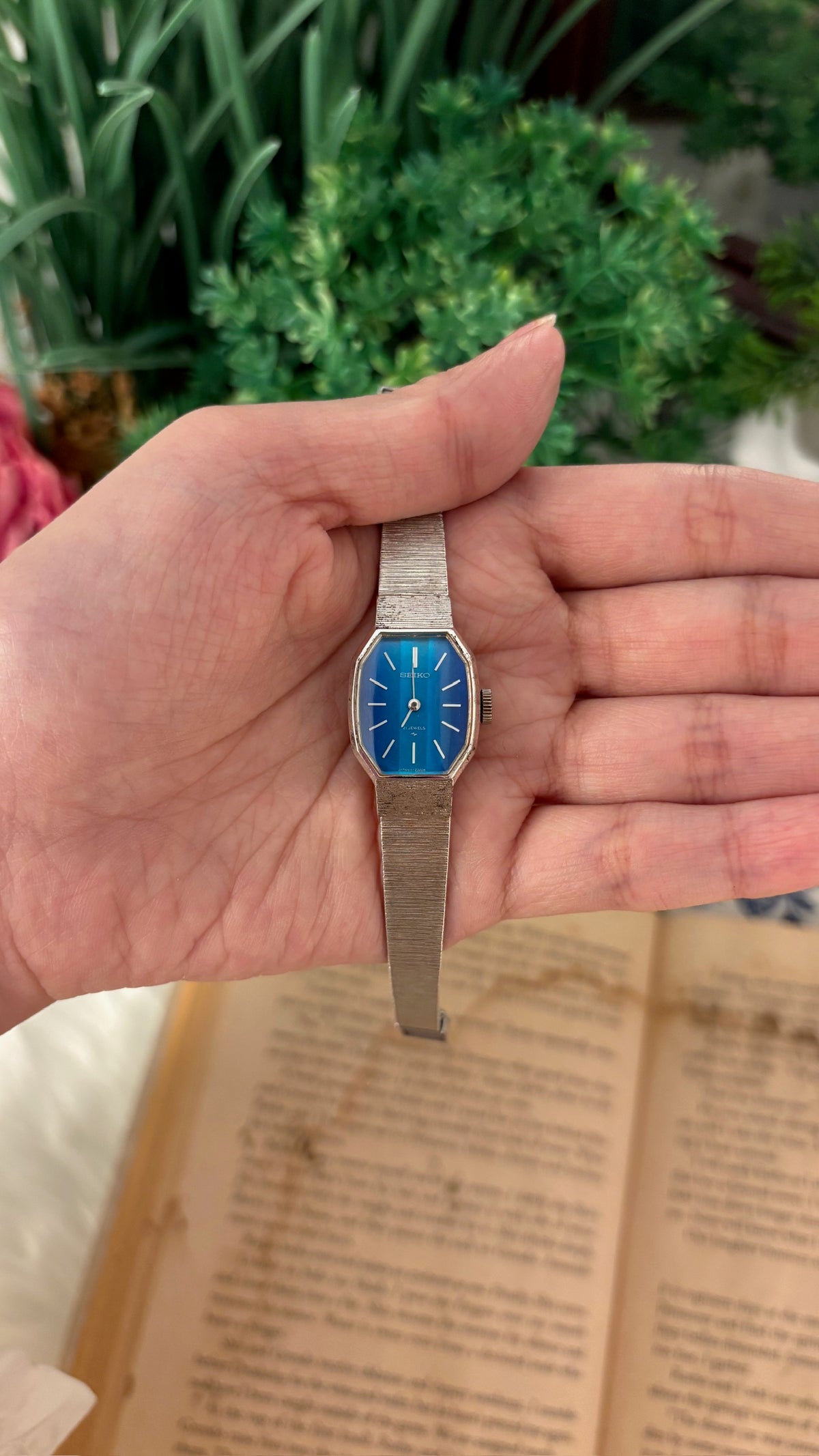 Rare Dainty Vintage Seiko Blue Dial Manual Wind Tank Watch in Silver Tone
