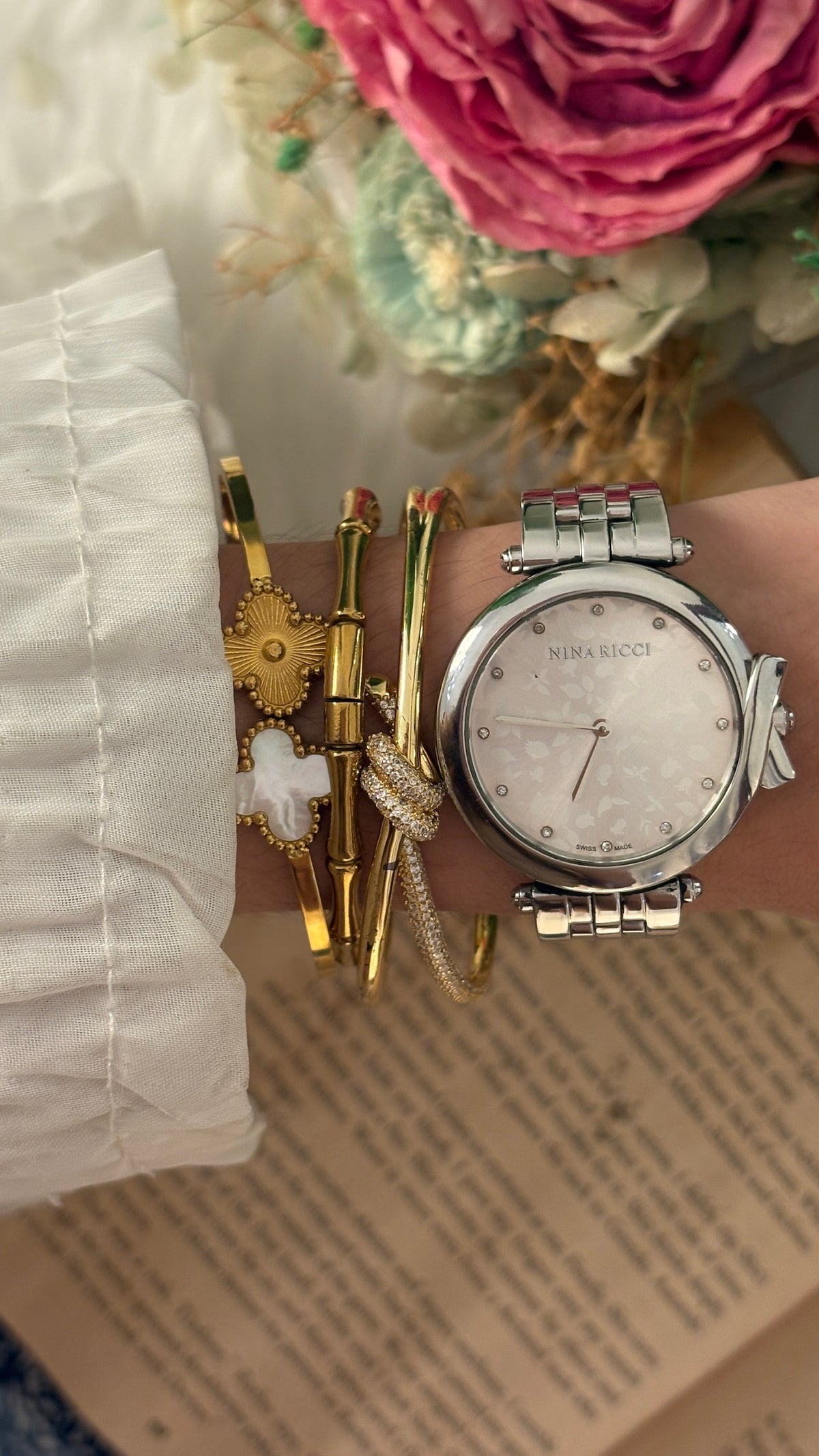 Rare Vintage Nina Ricci Blossom Dial Twisted Accent in Silver Tone Quartz