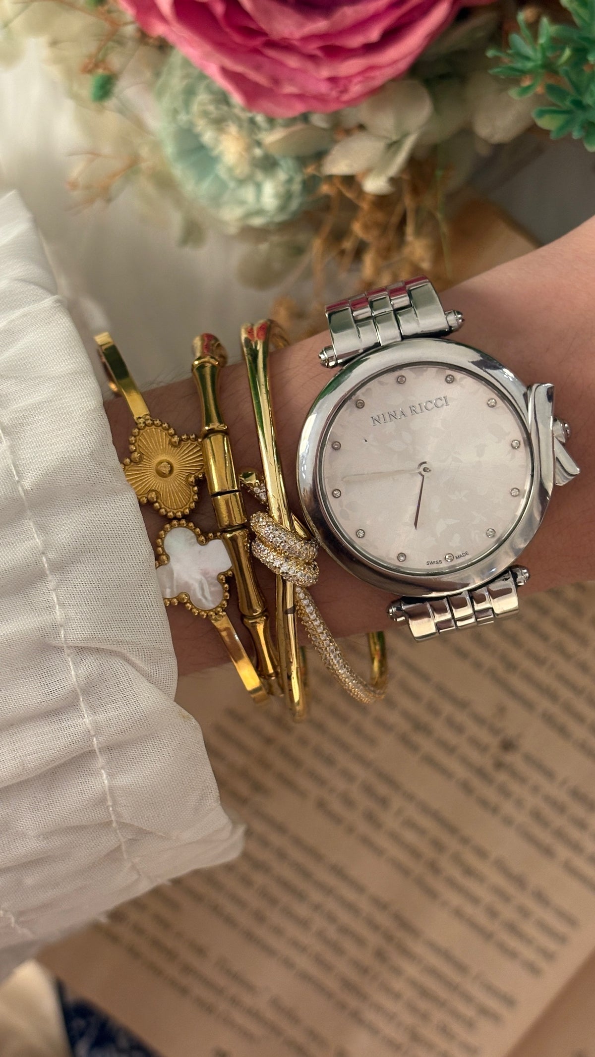 Rare Vintage Nina Ricci Blossom Dial Twisted Accent in Silver Tone Quartz