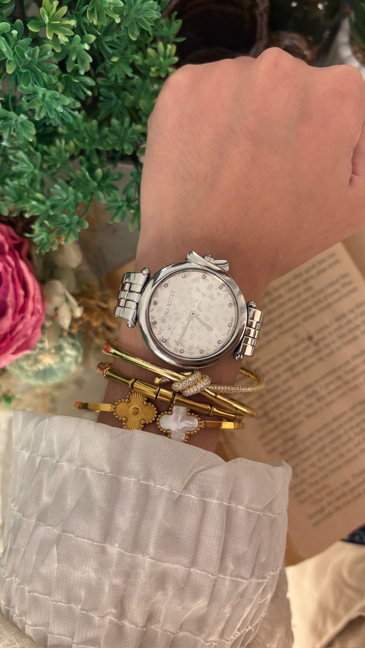 Rare Vintage Nina Ricci Blossom Dial Twisted Accent in Silver Tone Quartz