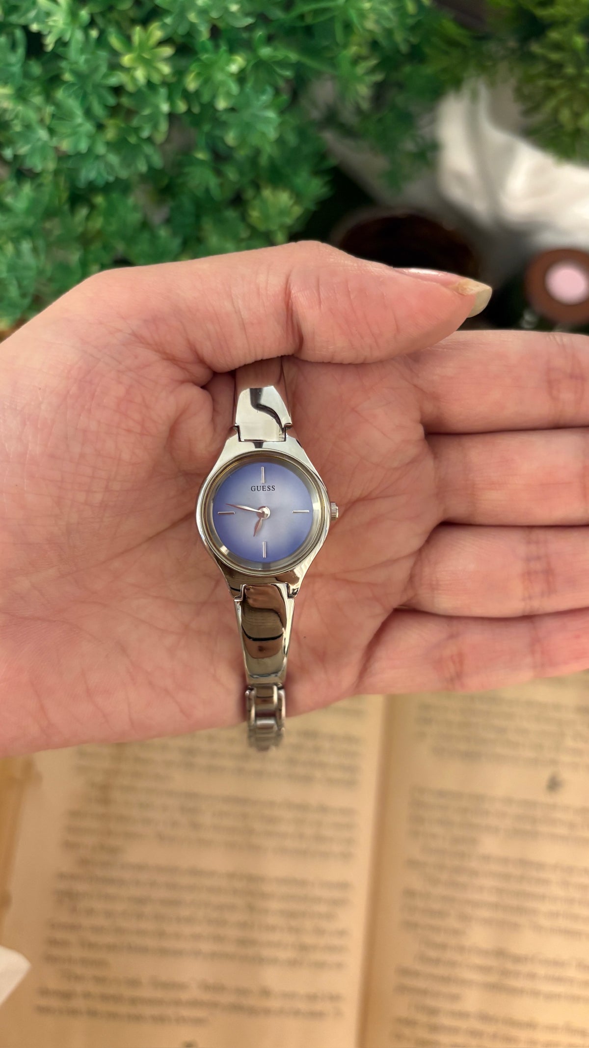 Rare Vintage Guess Blue Gradient Dial Semi Bangle Watch in Silver Tone Quartz