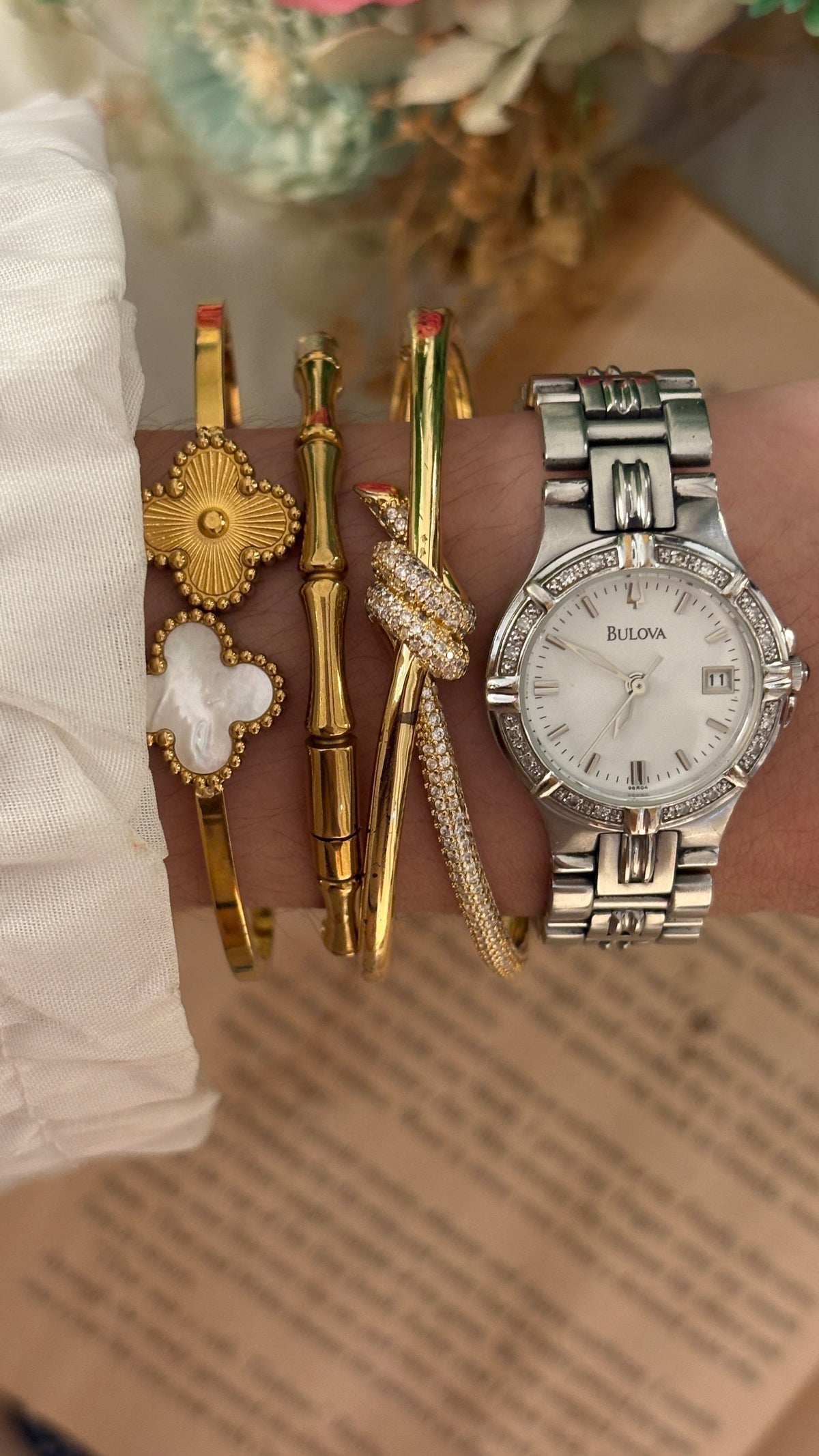 Rare Vintage Bulova Swiss Date Window Rhinestone Accented Watch in Silver Tone Quartz