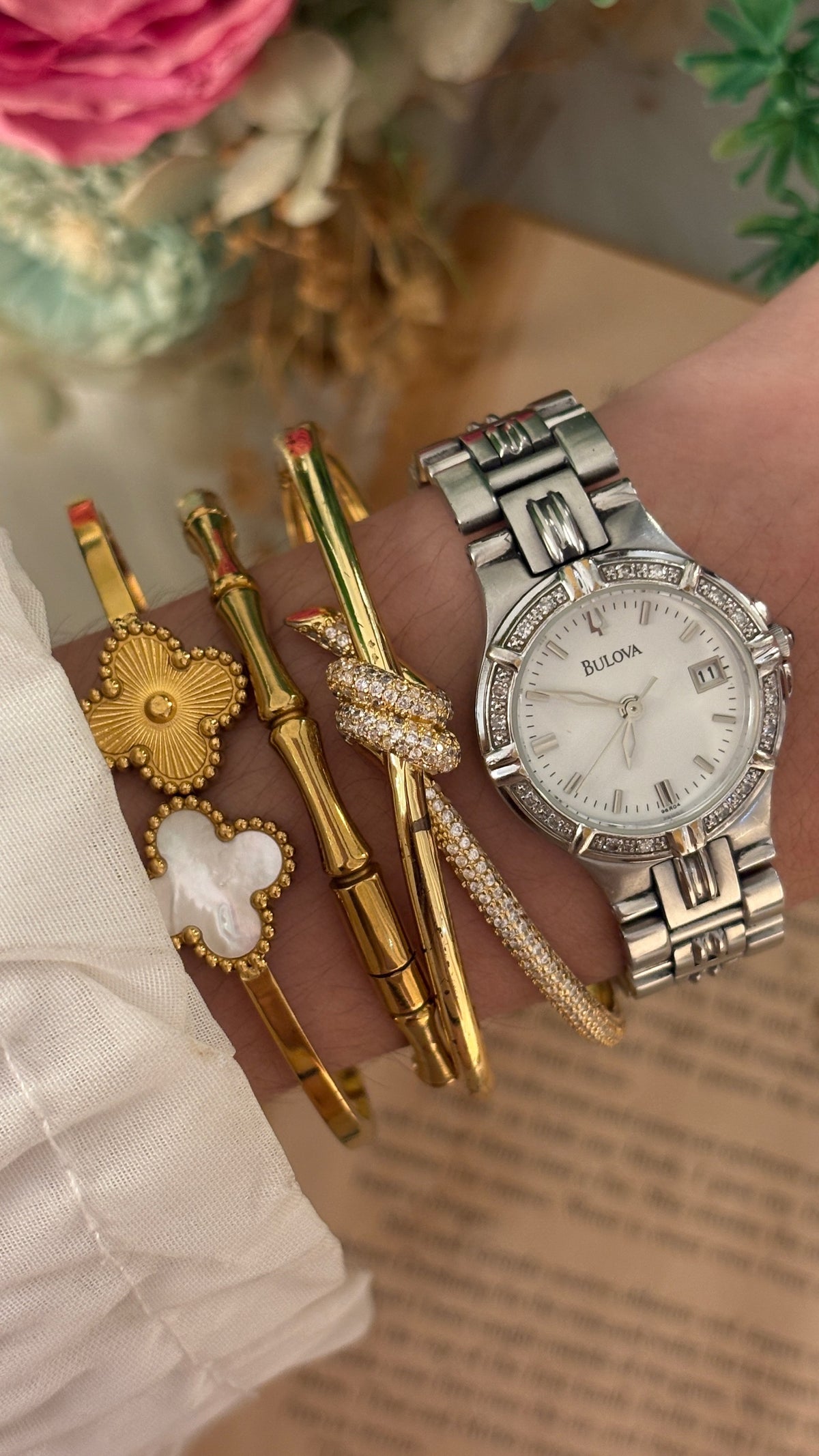 Rare Vintage Bulova Swiss Date Window Rhinestone Accented Watch in Silver Tone Quartz