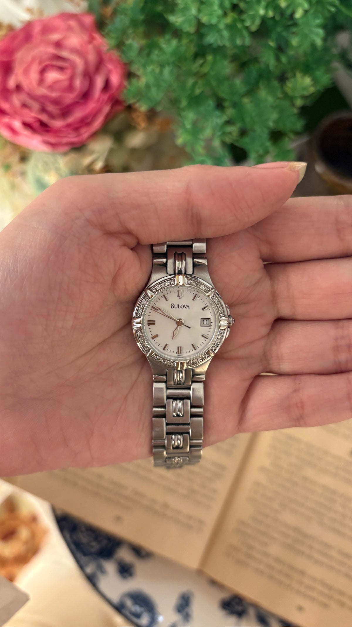 Rare Vintage Bulova Swiss Date Window Rhinestone Accented Watch in Silver Tone Quartz